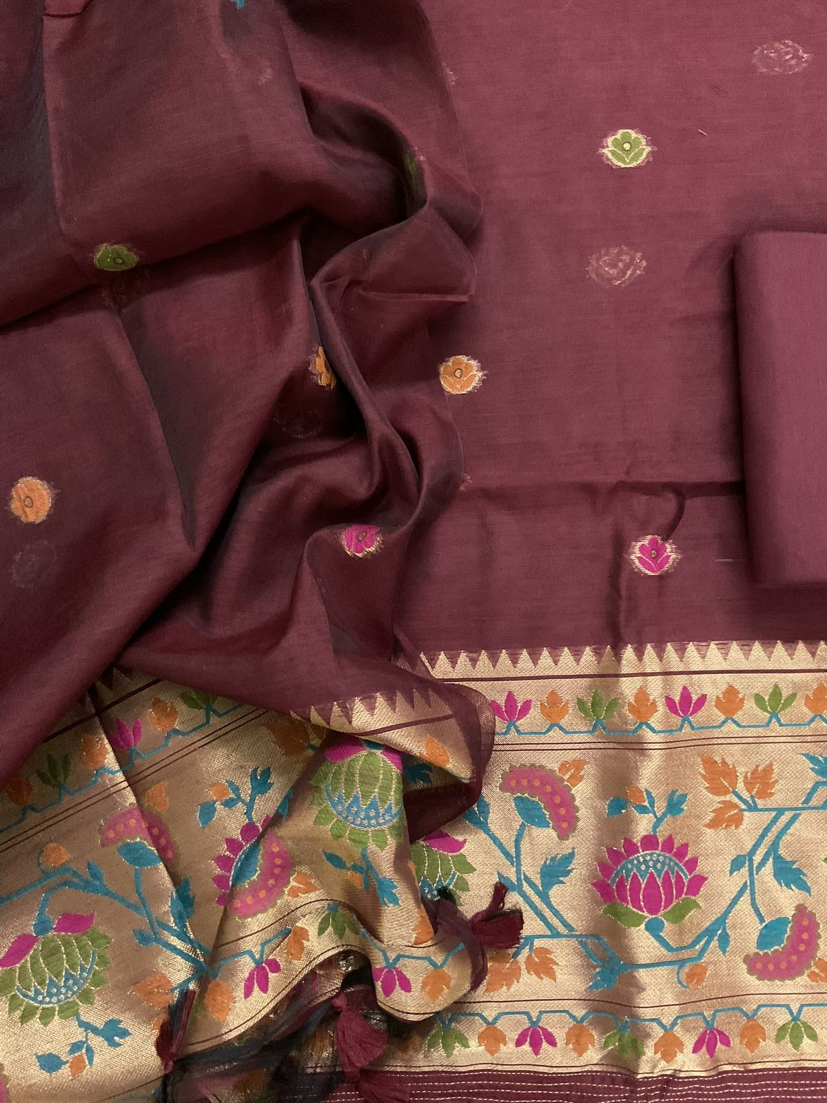 Soft Slub Chanderi Paithani Styled Weaved Suit - Maroon