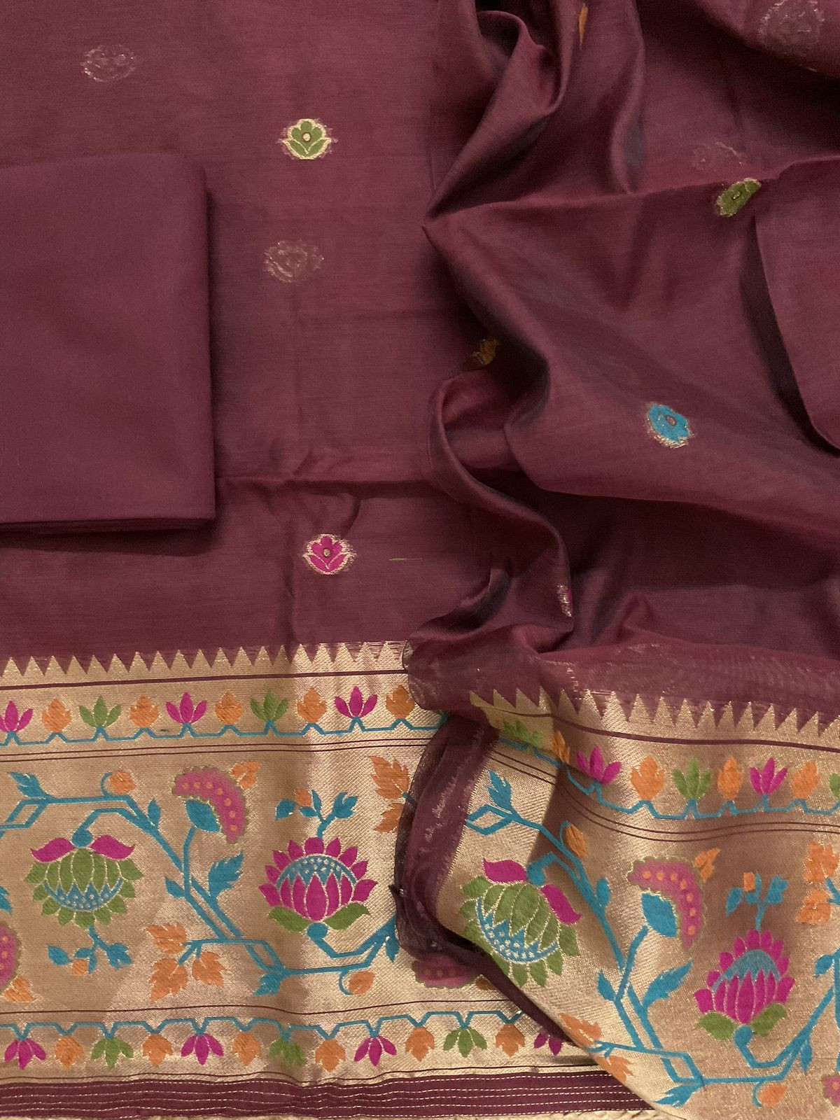 Soft Slub Chanderi Paithani Styled Weaved Suit - Maroon