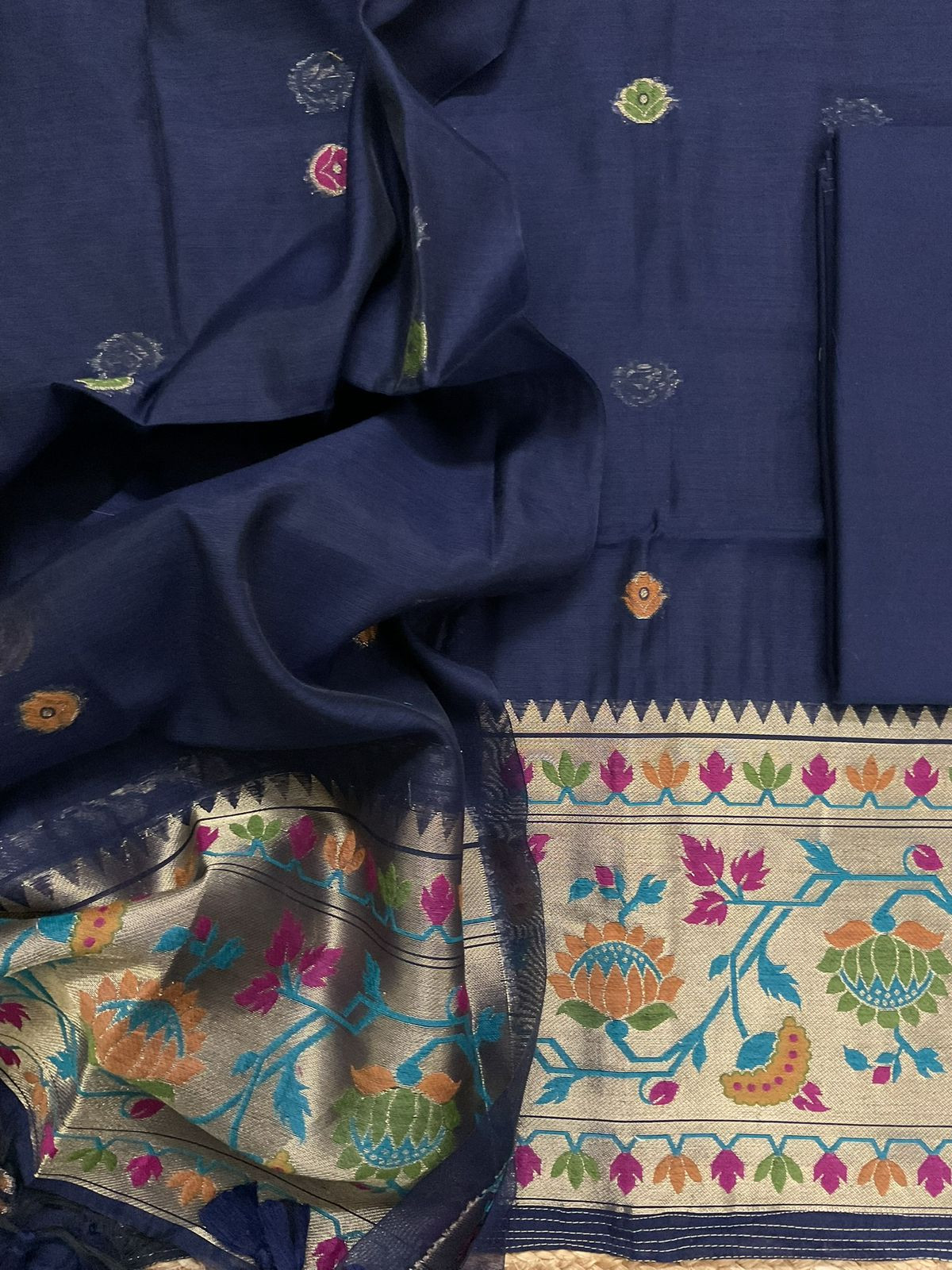Soft Slub Chanderi Paithani Styled Weaved Suit - Blue