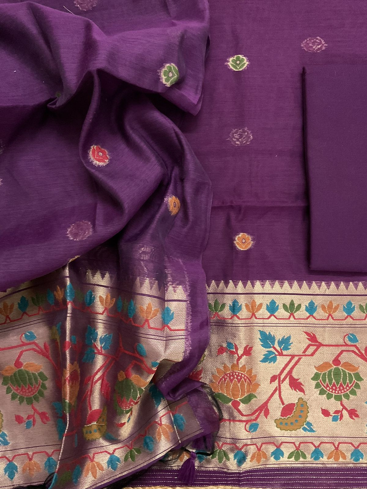 Soft Slub Chanderi Paithani Styled Weaved Suit - Wine