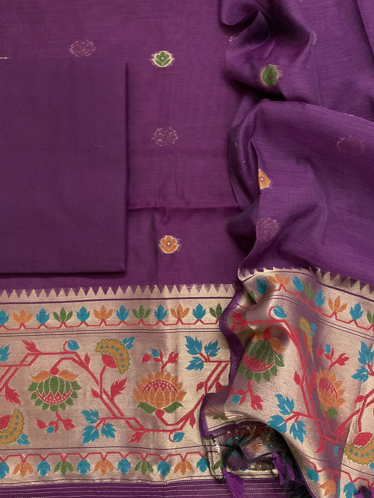 Soft Slub Chanderi Paithani Styled Weaved Suit - Wine