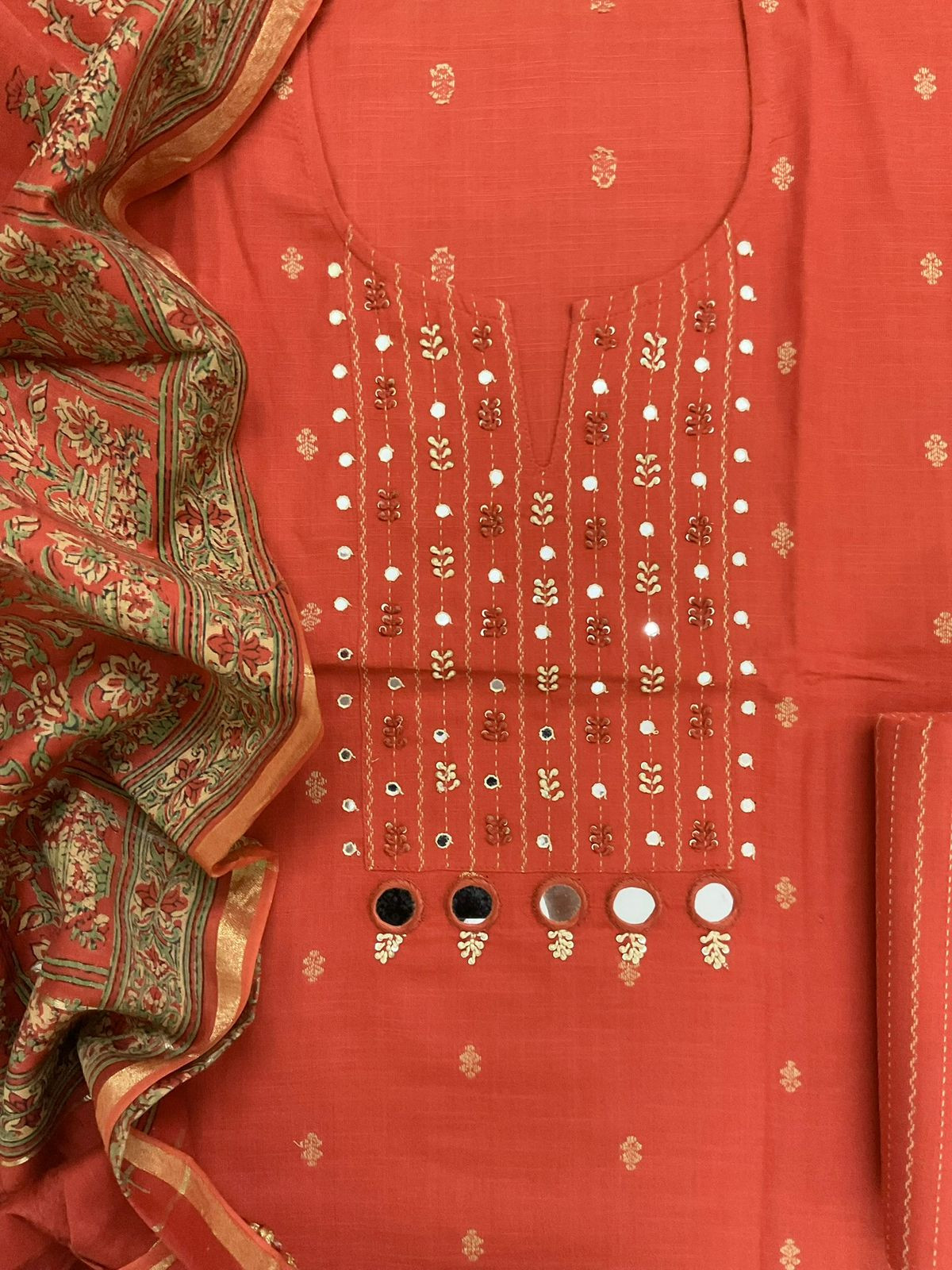 Pure Handloom Cotton Printed Self Weaved Embroidered Suit - Orange