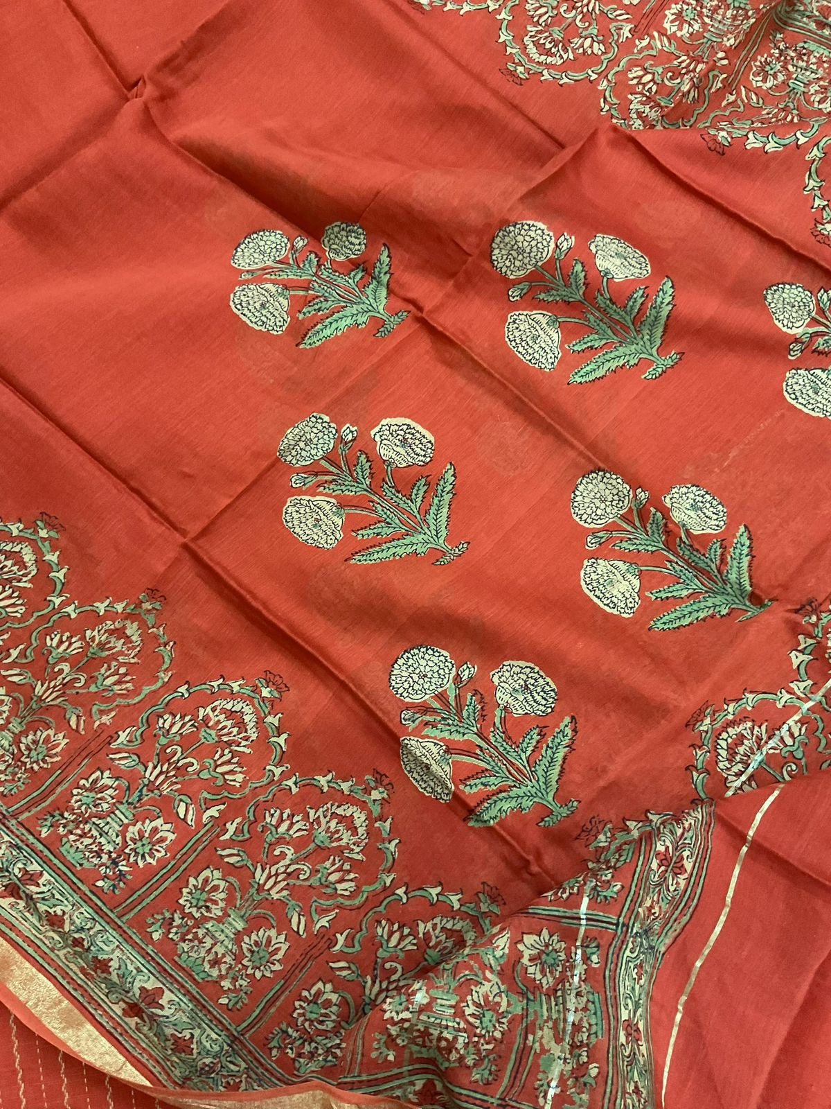 Pure Handloom Cotton Printed Self Weaved Embroidered Suit - Orange