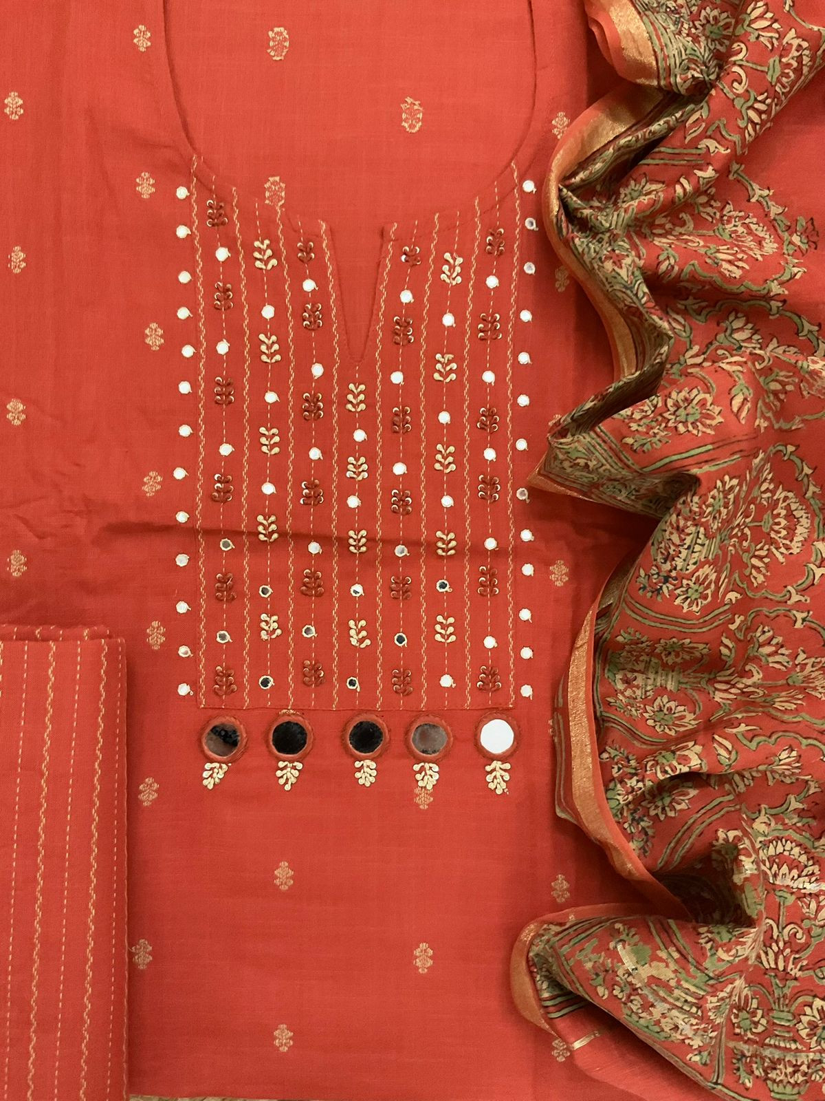 Pure Handloom Cotton Printed Self Weaved Embroidered Suit - Orange