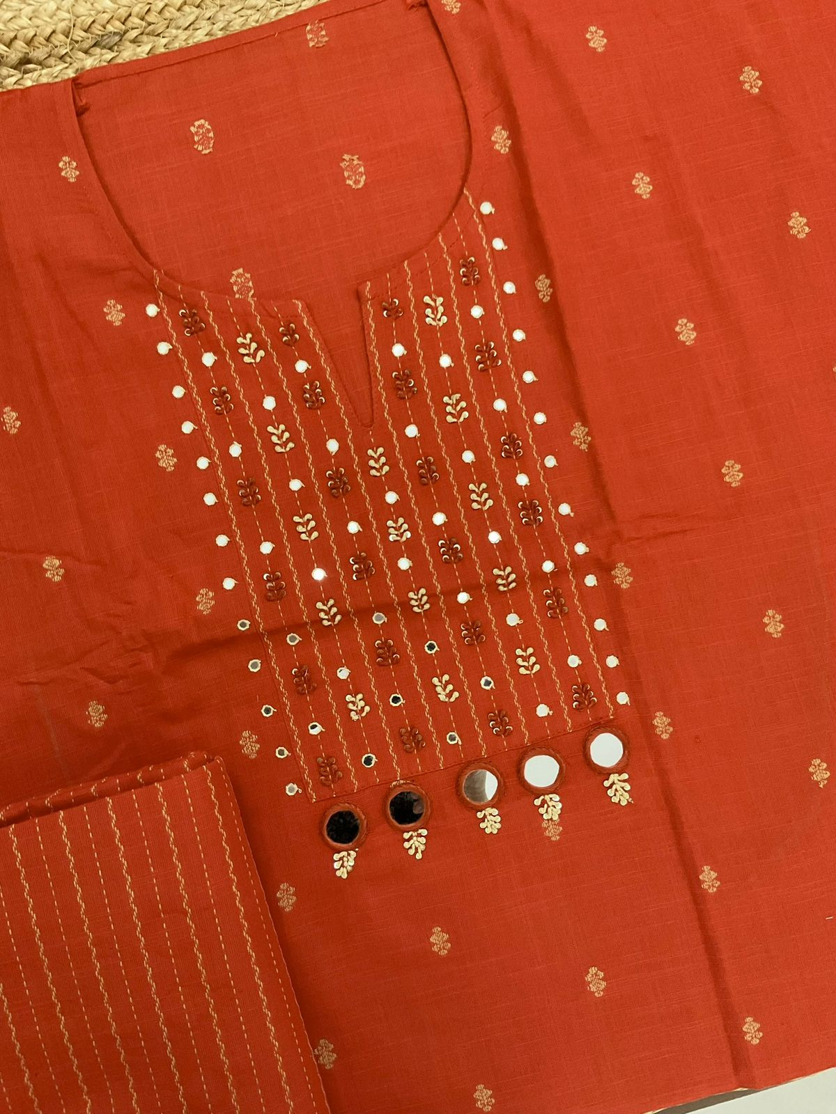 Pure Handloom Cotton Printed Self Weaved Embroidered Suit - Orange
