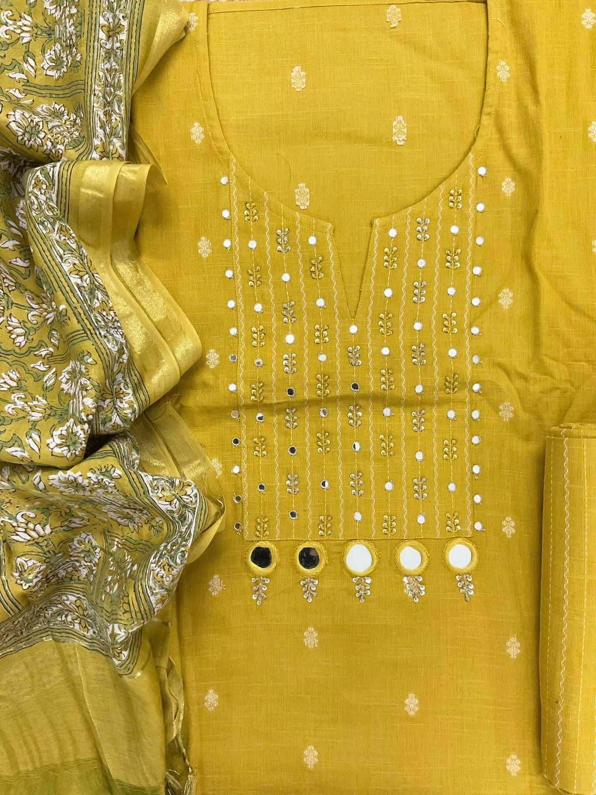Pure Handloom Cotton Printed Self Weaved Embroidered Suit - Yellow