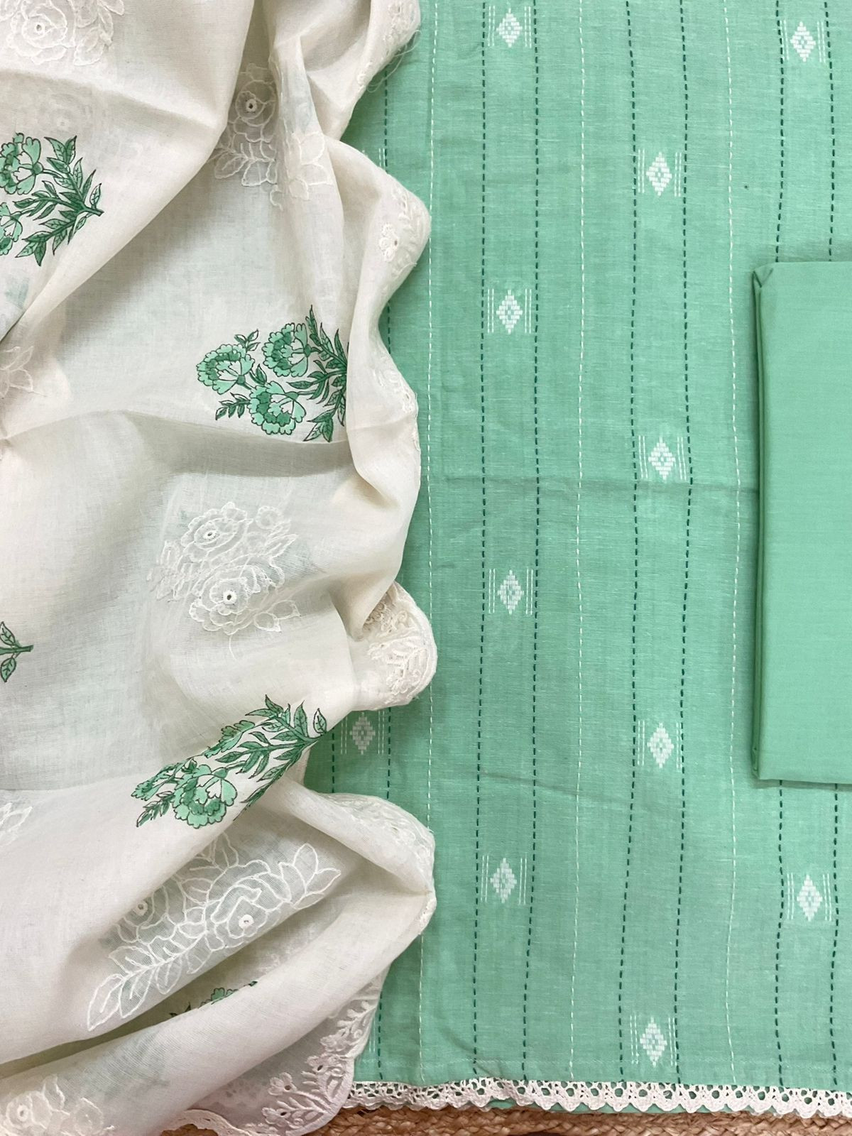 Pure Handloom Cotton Printed Self Weaved Embroidered Suit - Green