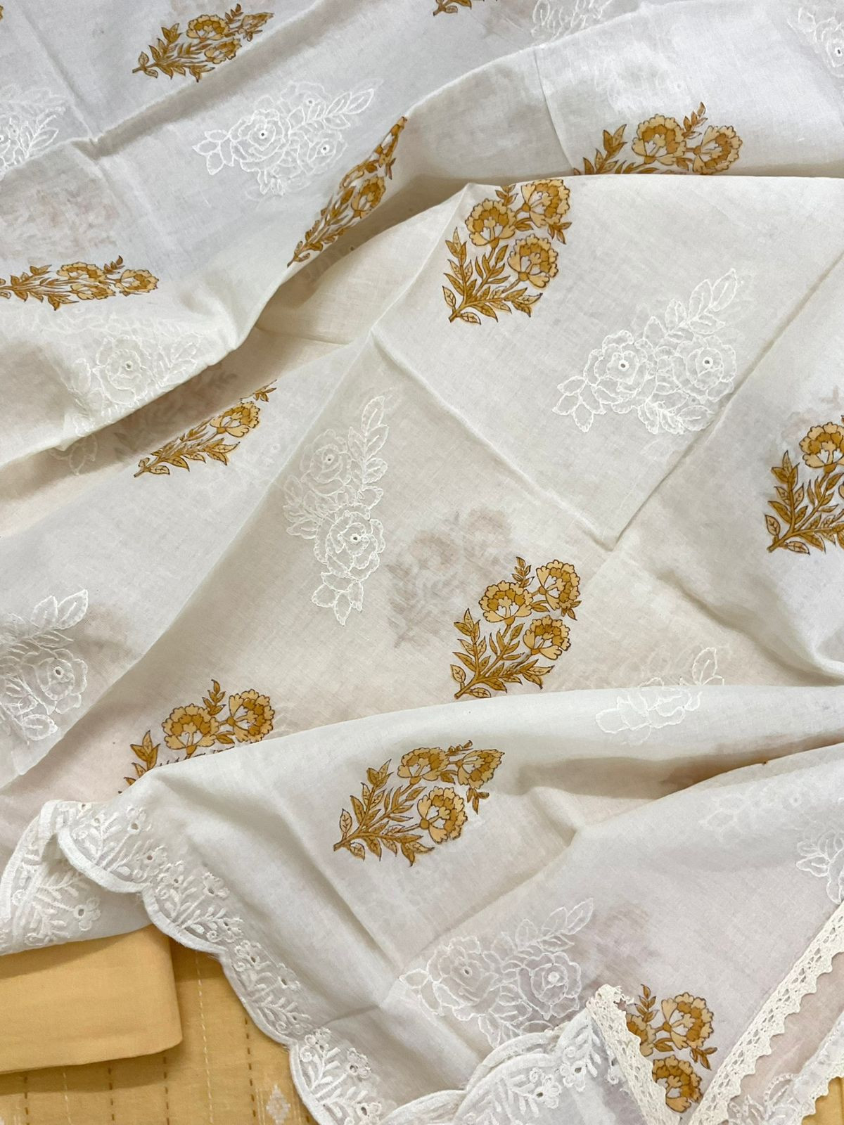 Pure Handloom Cotton Printed Self Weaved Embroidered Suit - Yellow