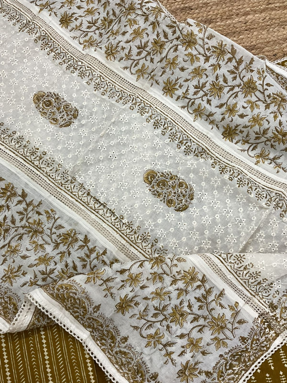 Pure Cotton Printed Embroidered Suit - Dark Mustard