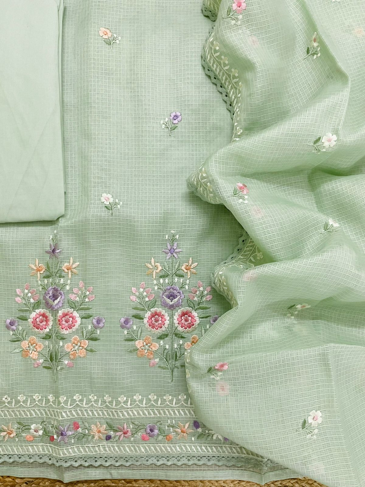 Soft Kota Silk Embroidered Suit - Green