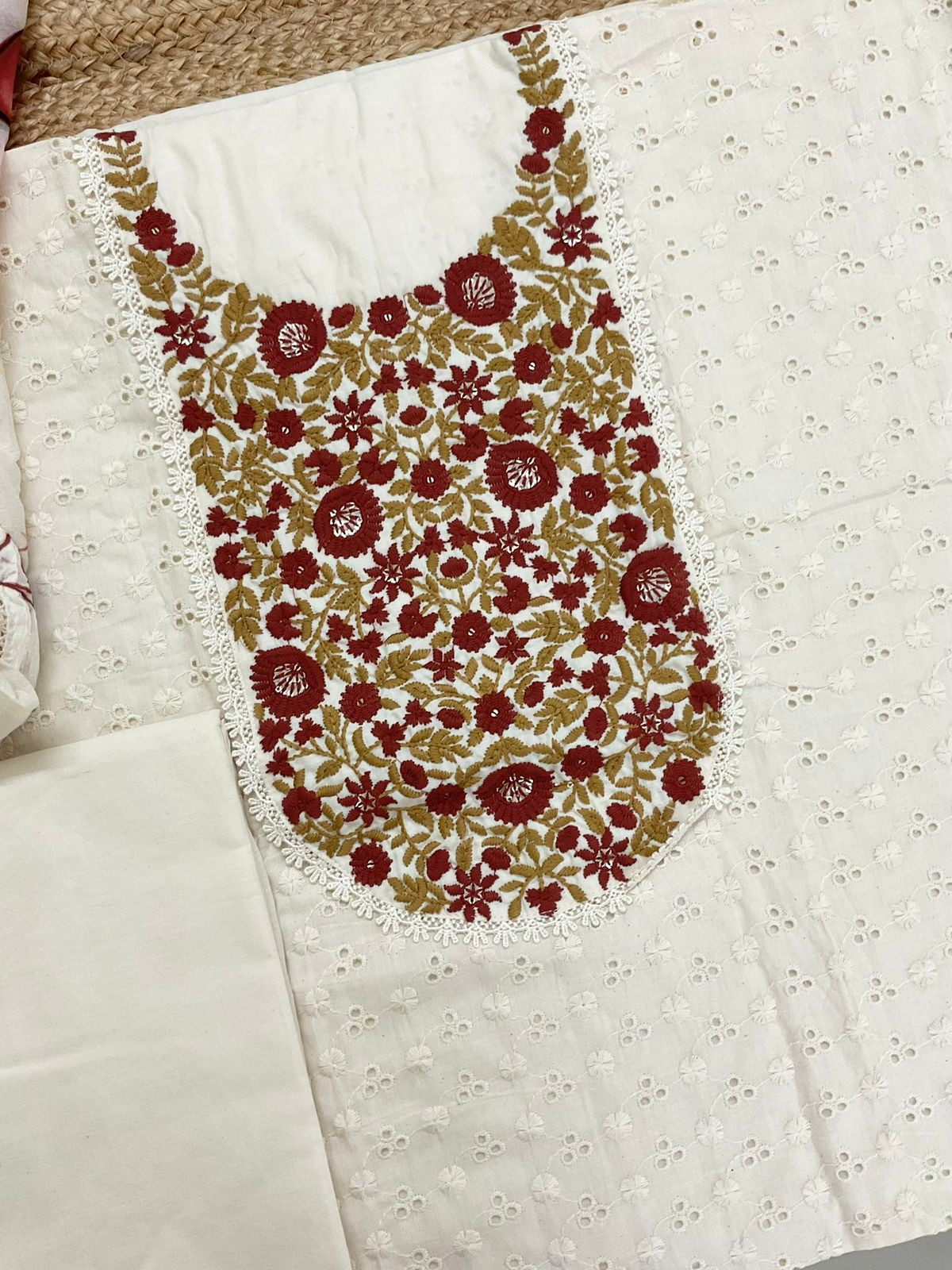 Pure Cotton Brush Painted Embroidered Suit - Offwhite