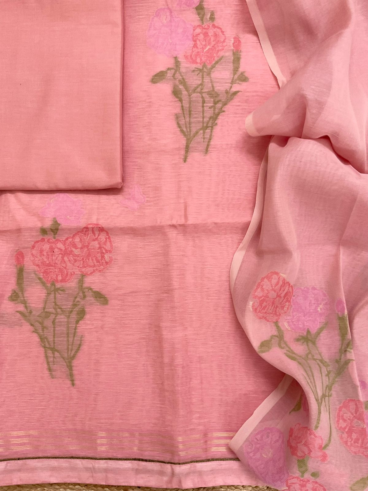 Soft Slub Chanderi Jamdani Weaved Suit - Pink