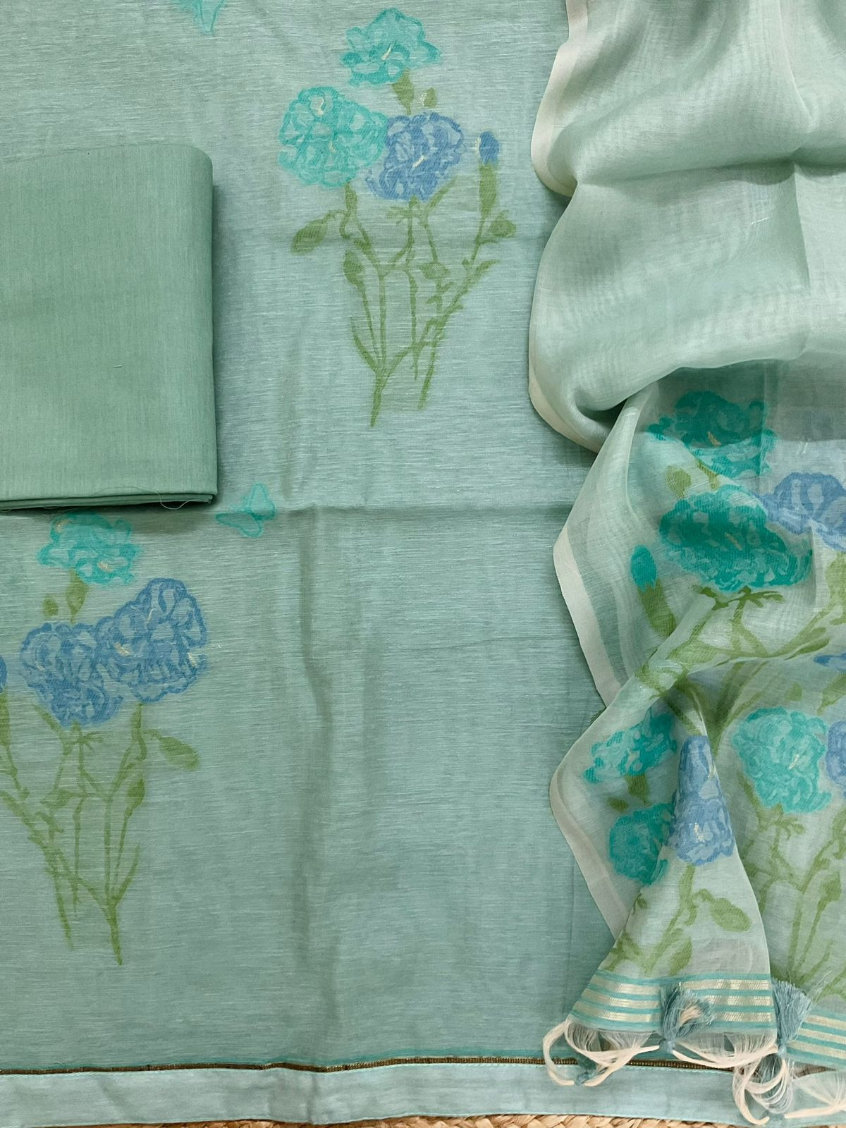 Soft Slub Chanderi Jamdani Weaved Suit - Blue