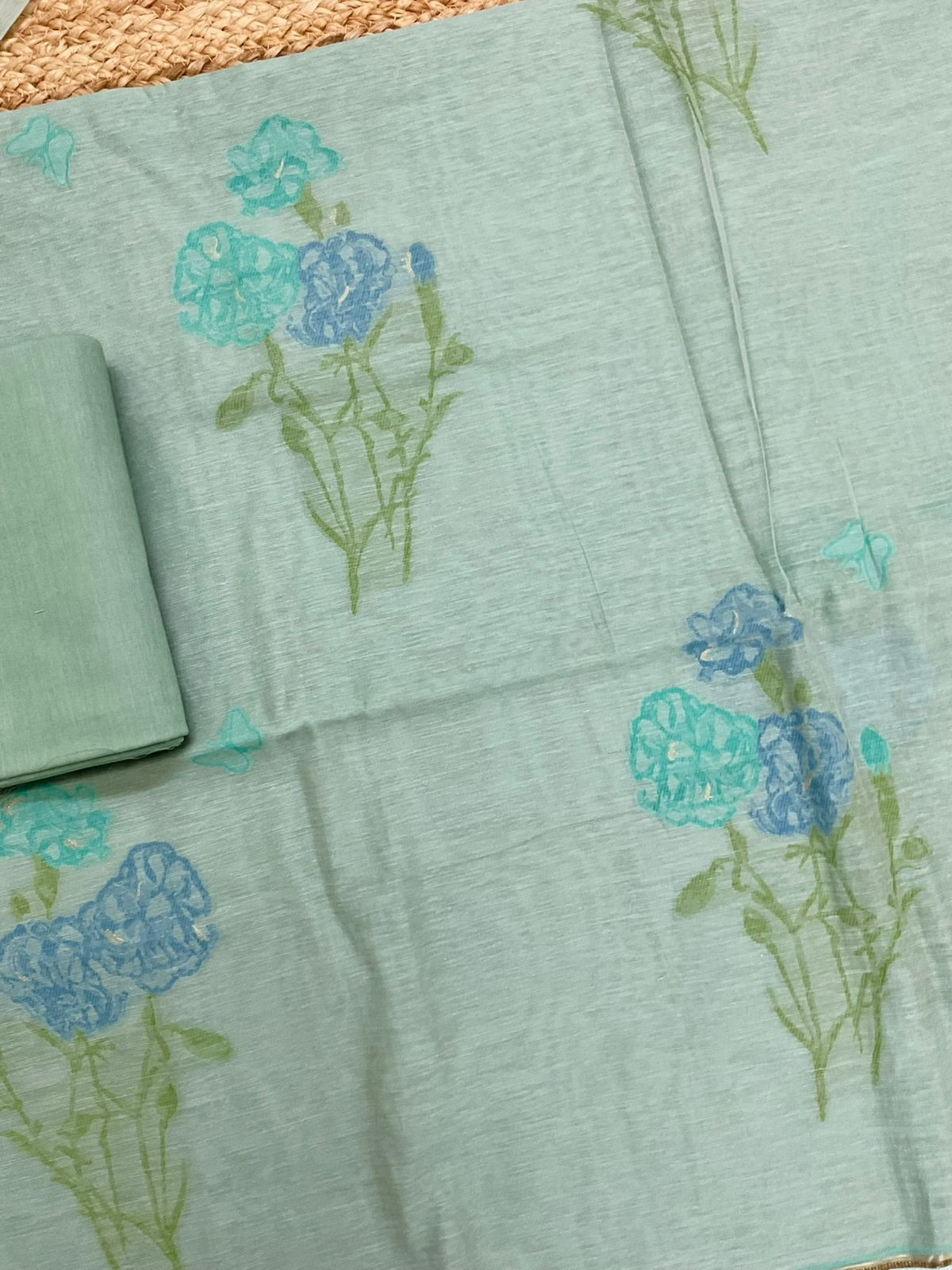 Soft Slub Chanderi Jamdani Weaved Suit - Blue