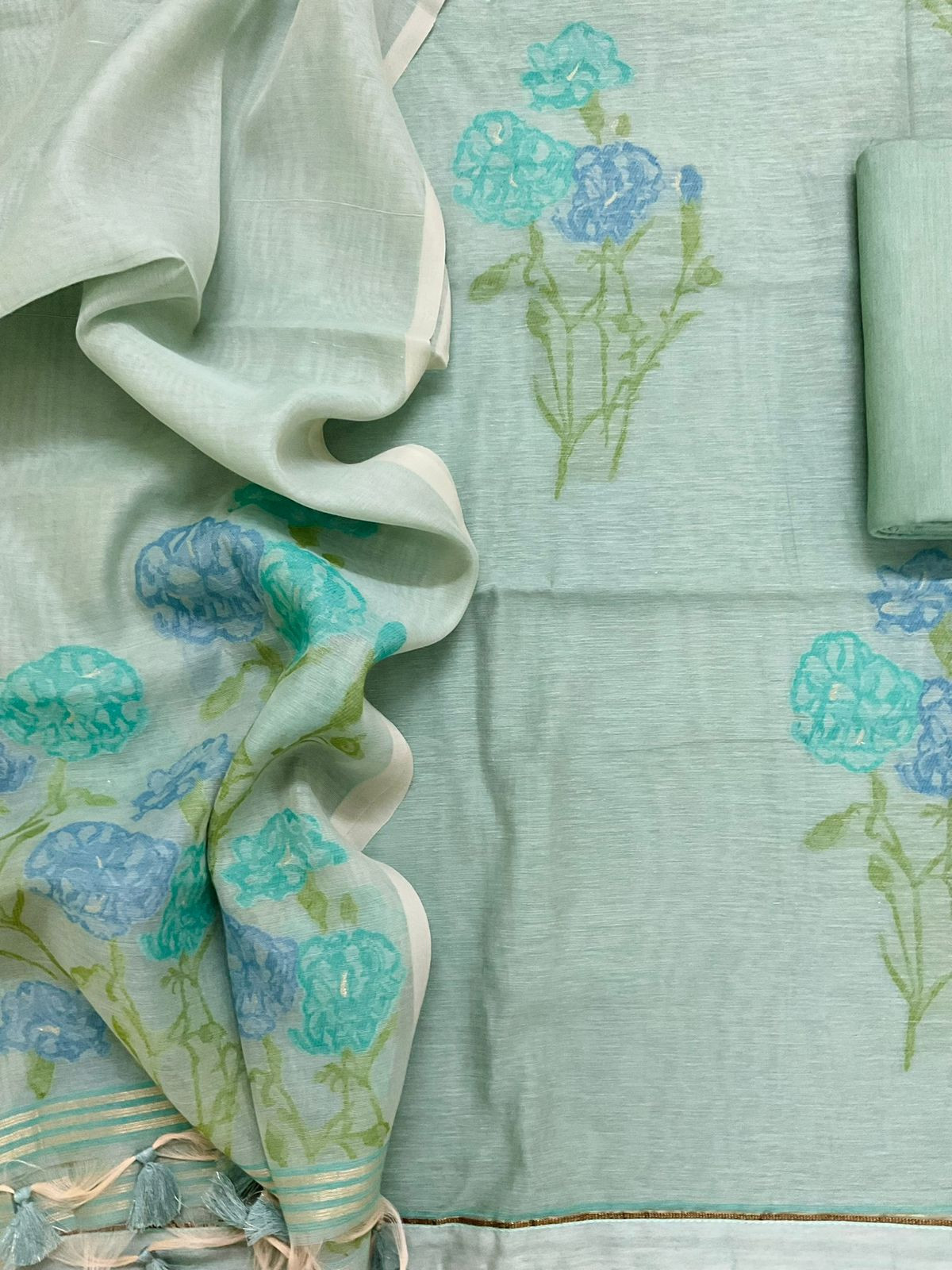 Soft Slub Chanderi Jamdani Weaved Suit - Blue