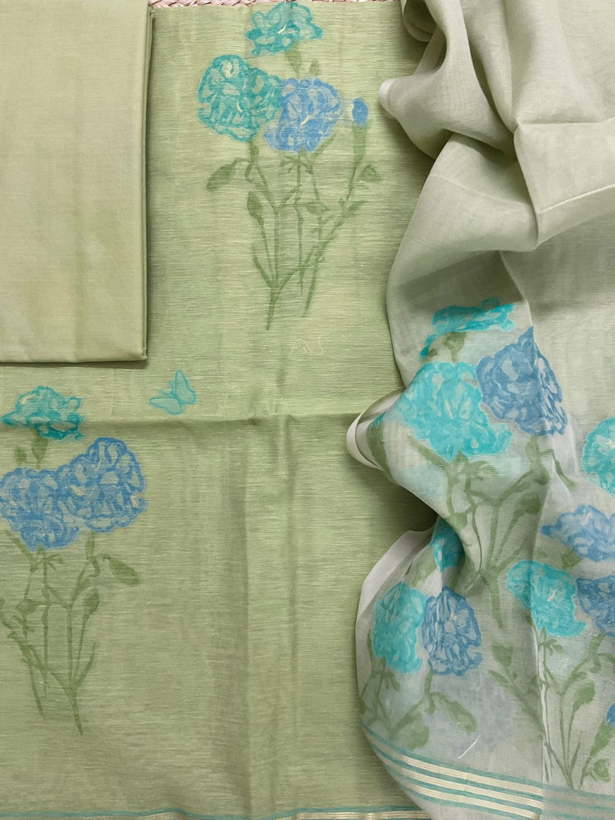 Soft Slub Chanderi Jamdani Weaved Suit - Green