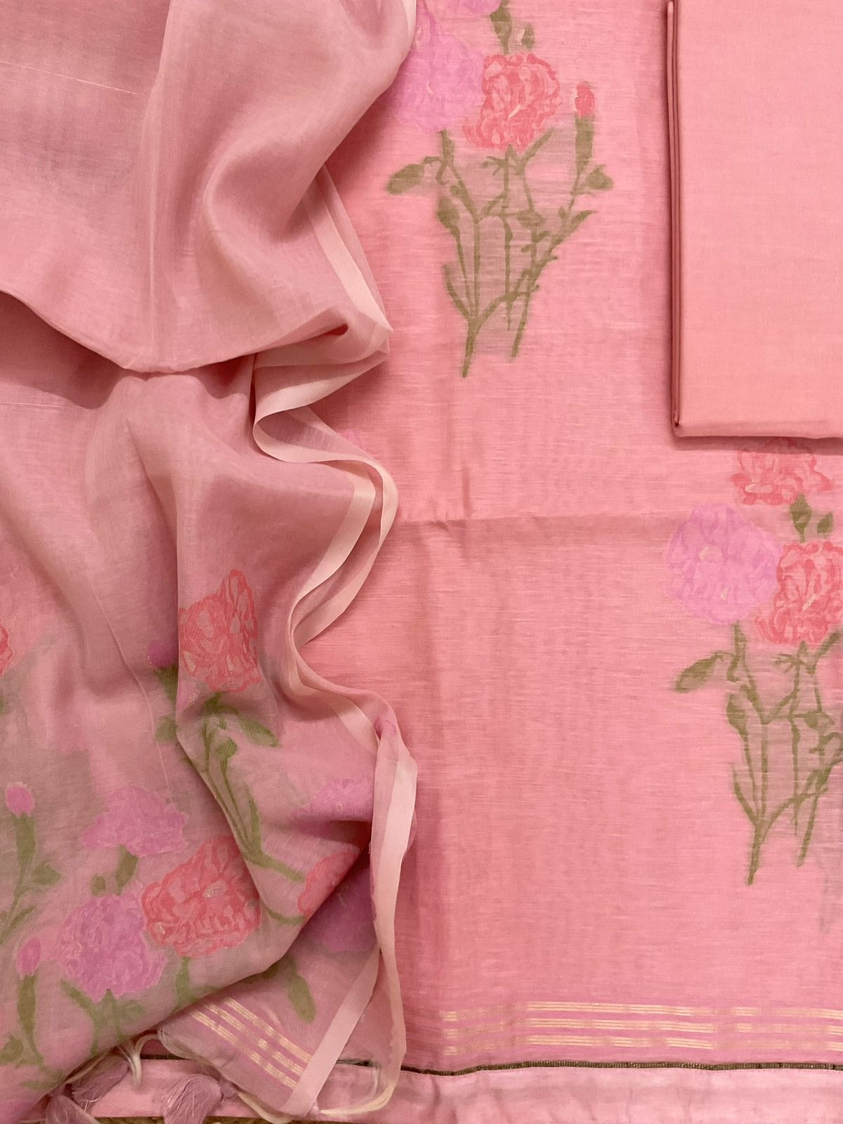 Soft Slub Chanderi Jamdani Weaved Suit - Pink