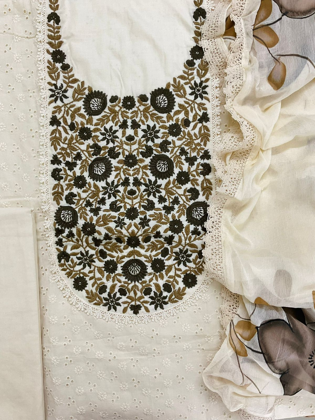 Pure Cotton Brush Painted Embroidered Suit - Offwhite