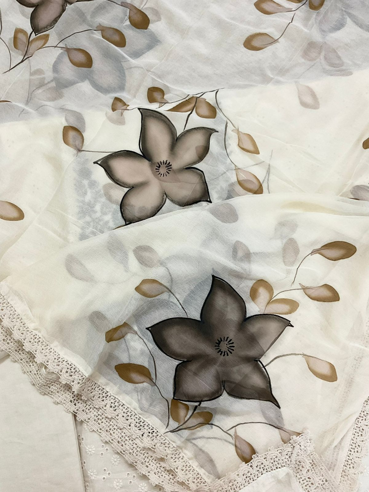 Pure Cotton Brush Painted Embroidered Suit - Offwhite