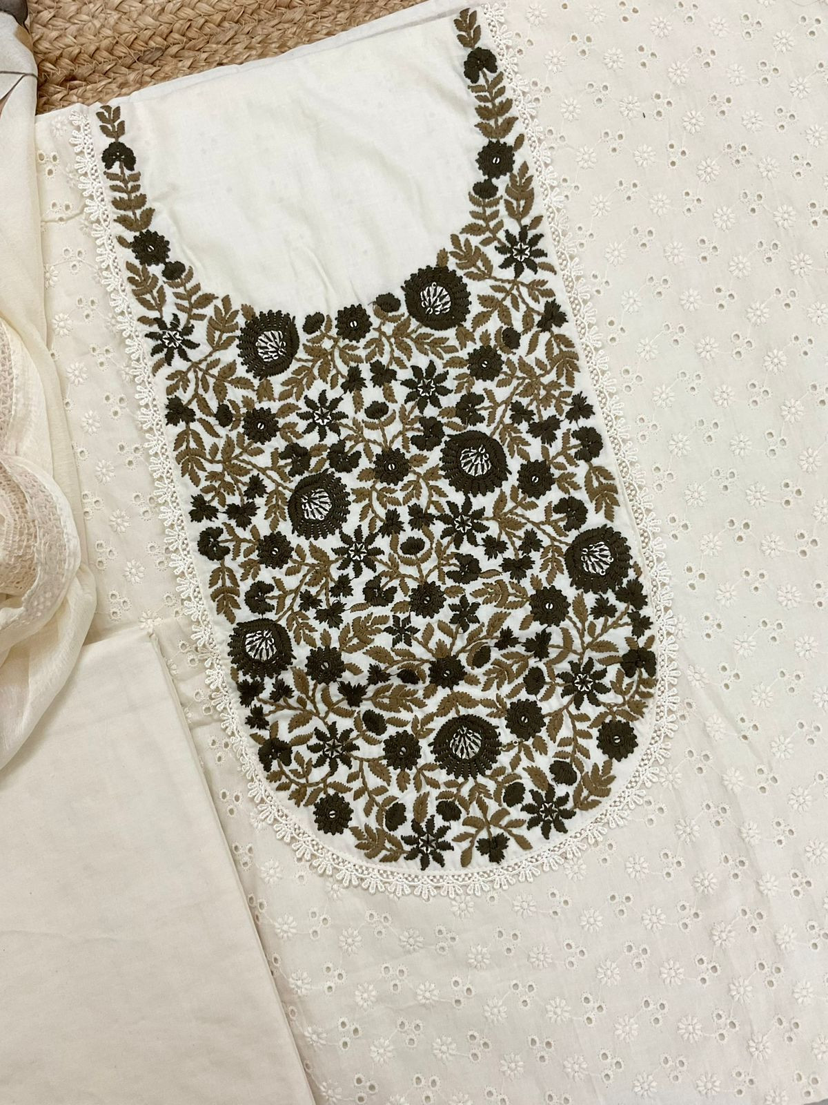 Pure Cotton Brush Painted Embroidered Suit - Offwhite