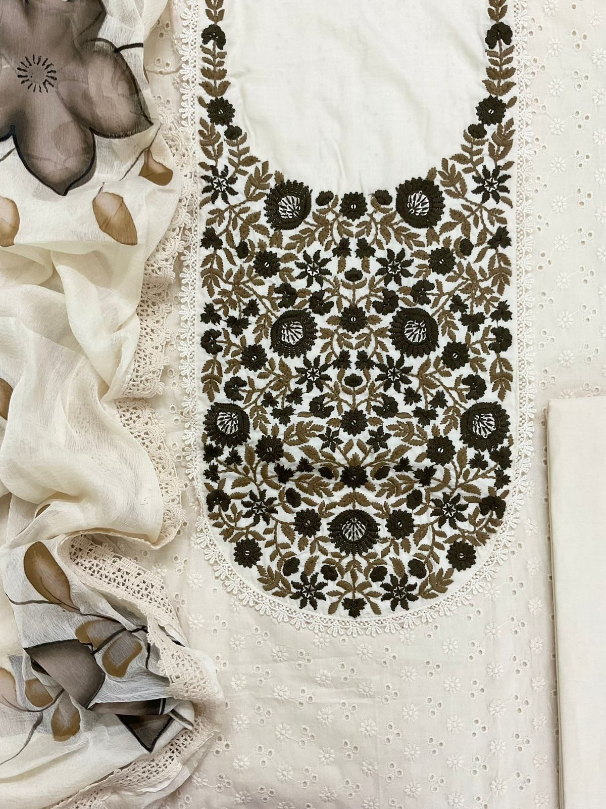 Pure Cotton Brush Painted Embroidered Suit - Offwhite