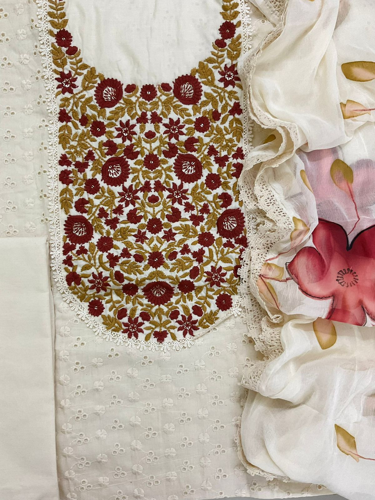 Pure Cotton Brush Painted Embroidered Suit - Offwhite