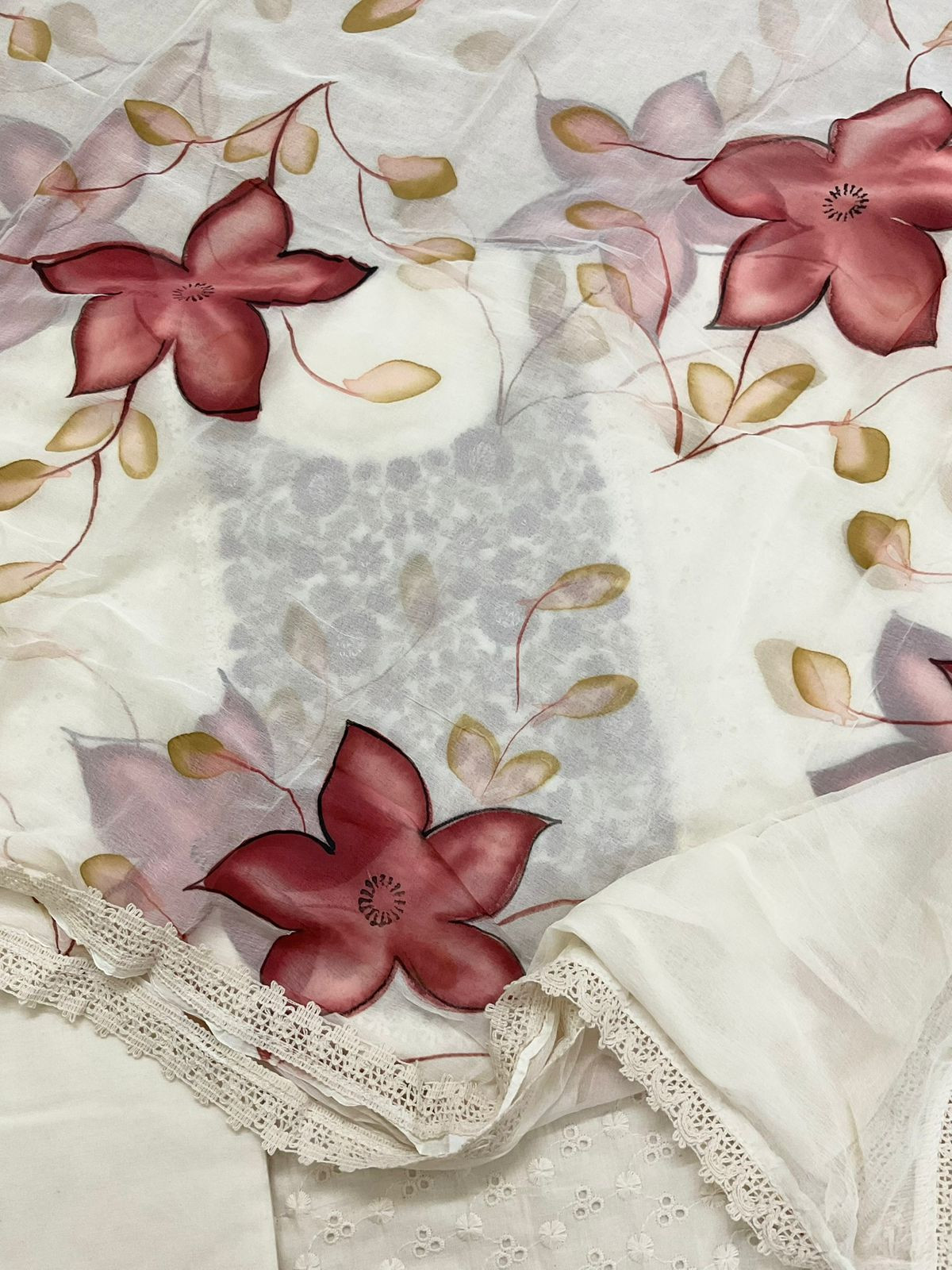 Pure Cotton Brush Painted Embroidered Suit - Offwhite