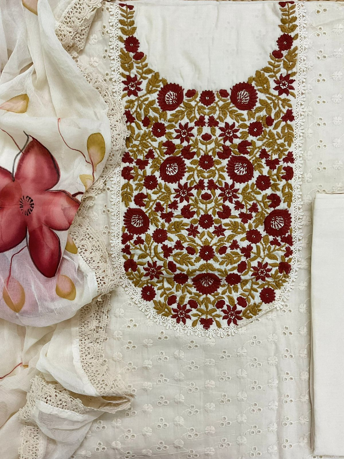 Pure Cotton Brush Painted Embroidered Suit - Offwhite