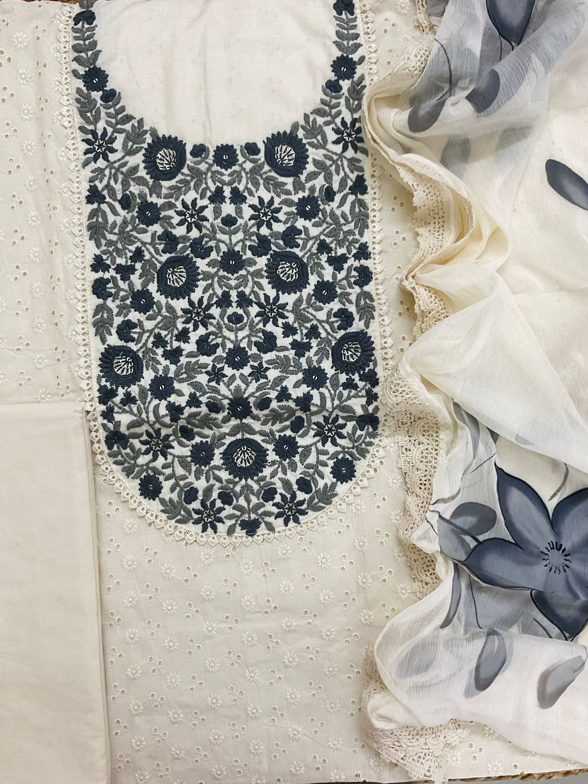 Pure Cotton Brush Painted Embroidered Suit - Offwhite