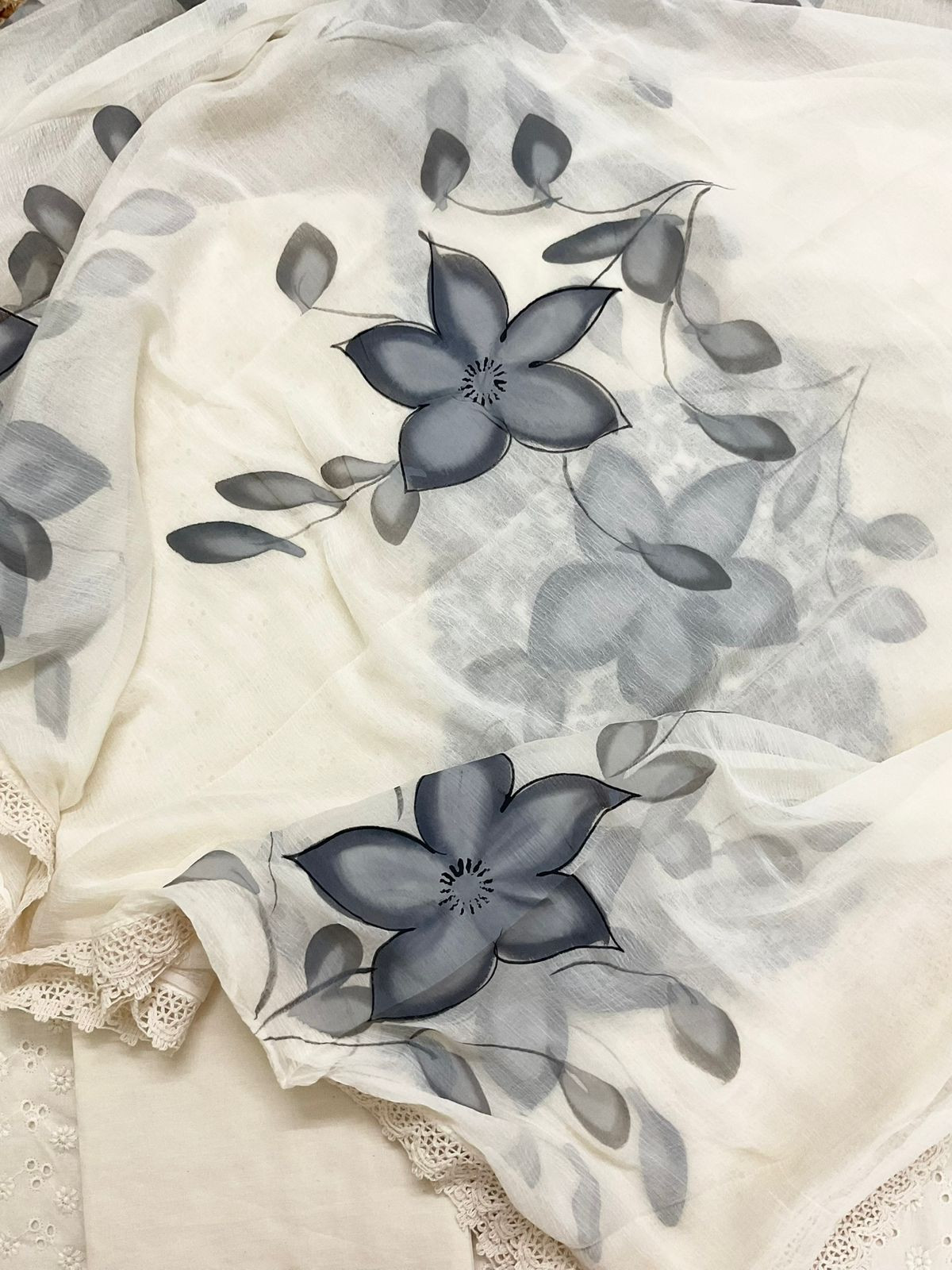 Pure Cotton Brush Painted Embroidered Suit - Offwhite