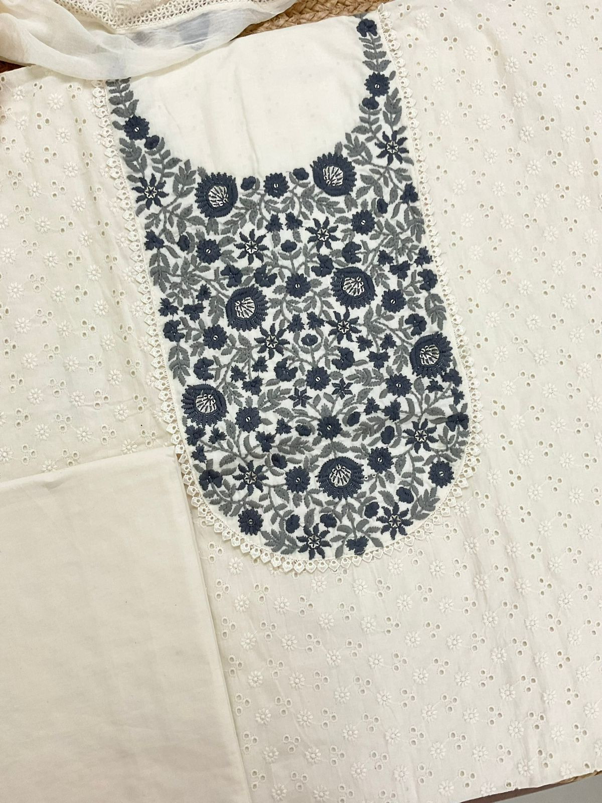 Pure Cotton Brush Painted Embroidered Suit - Offwhite