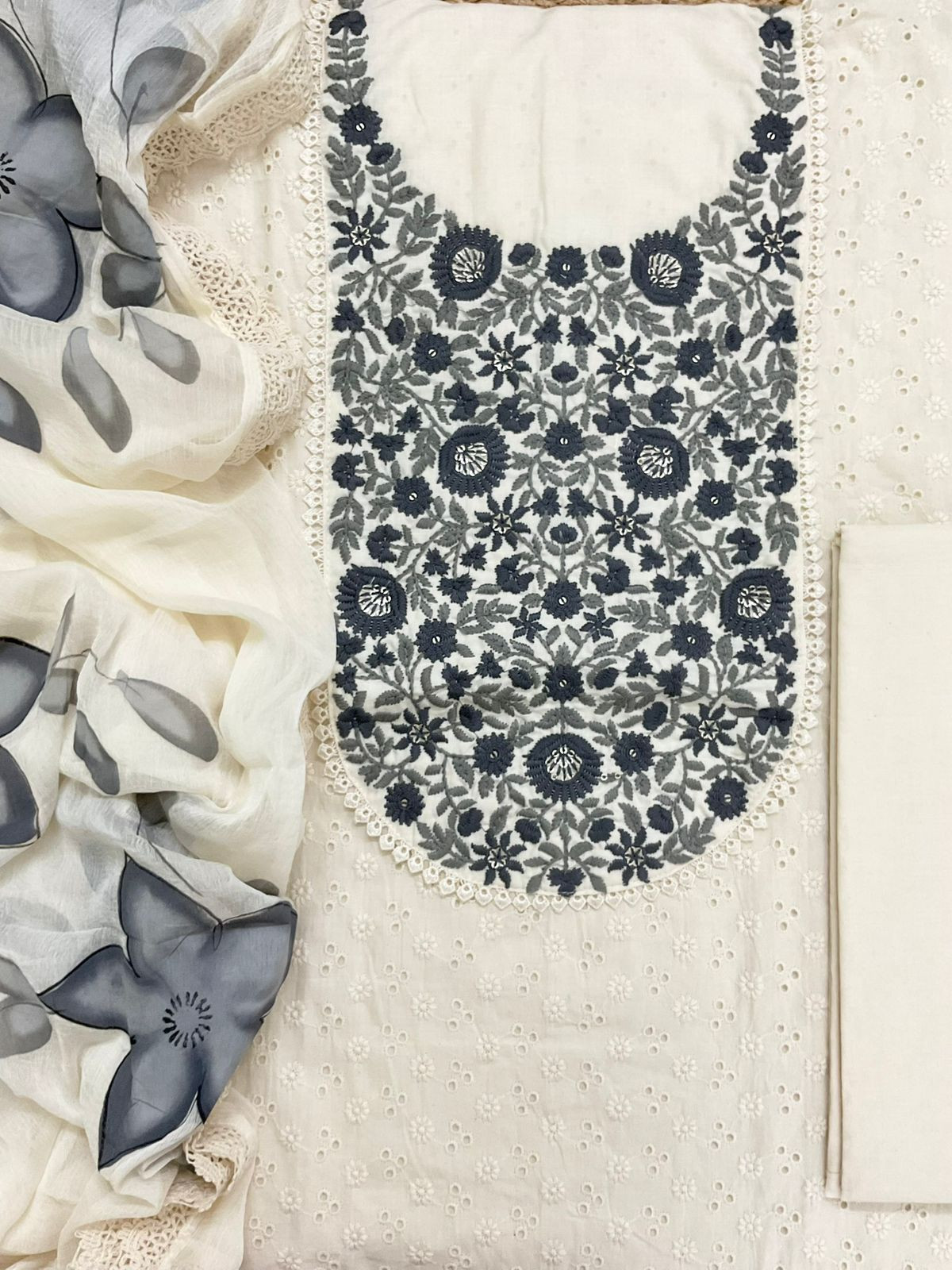 Pure Cotton Brush Painted Embroidered Suit - Offwhite
