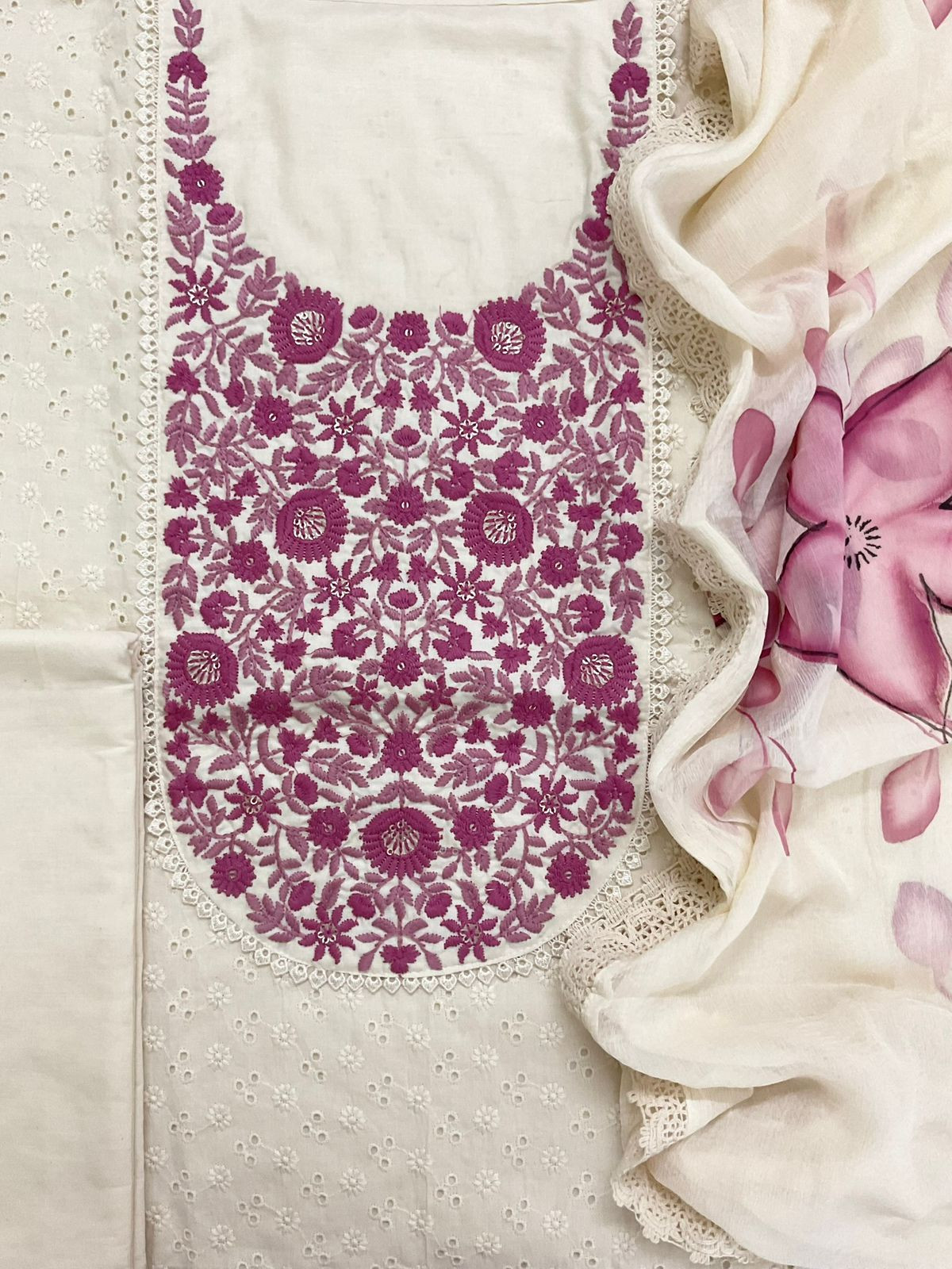 Pure Cotton Brush Painted Embroidered Suit - Offwhite