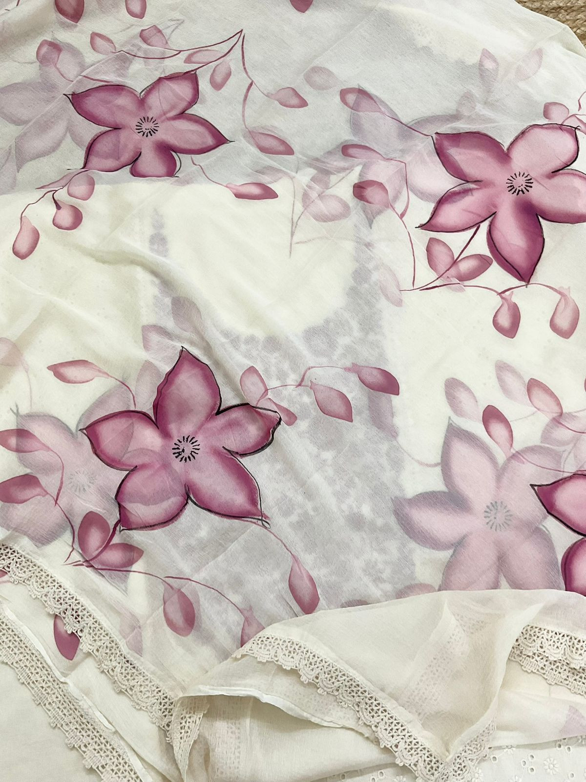 Pure Cotton Brush Painted Embroidered Suit - Offwhite