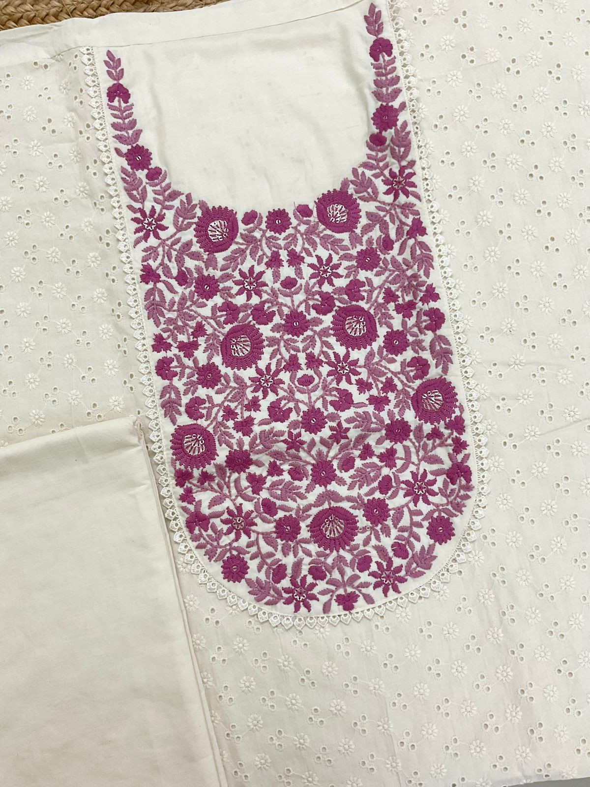 Pure Cotton Brush Painted Embroidered Suit - Offwhite