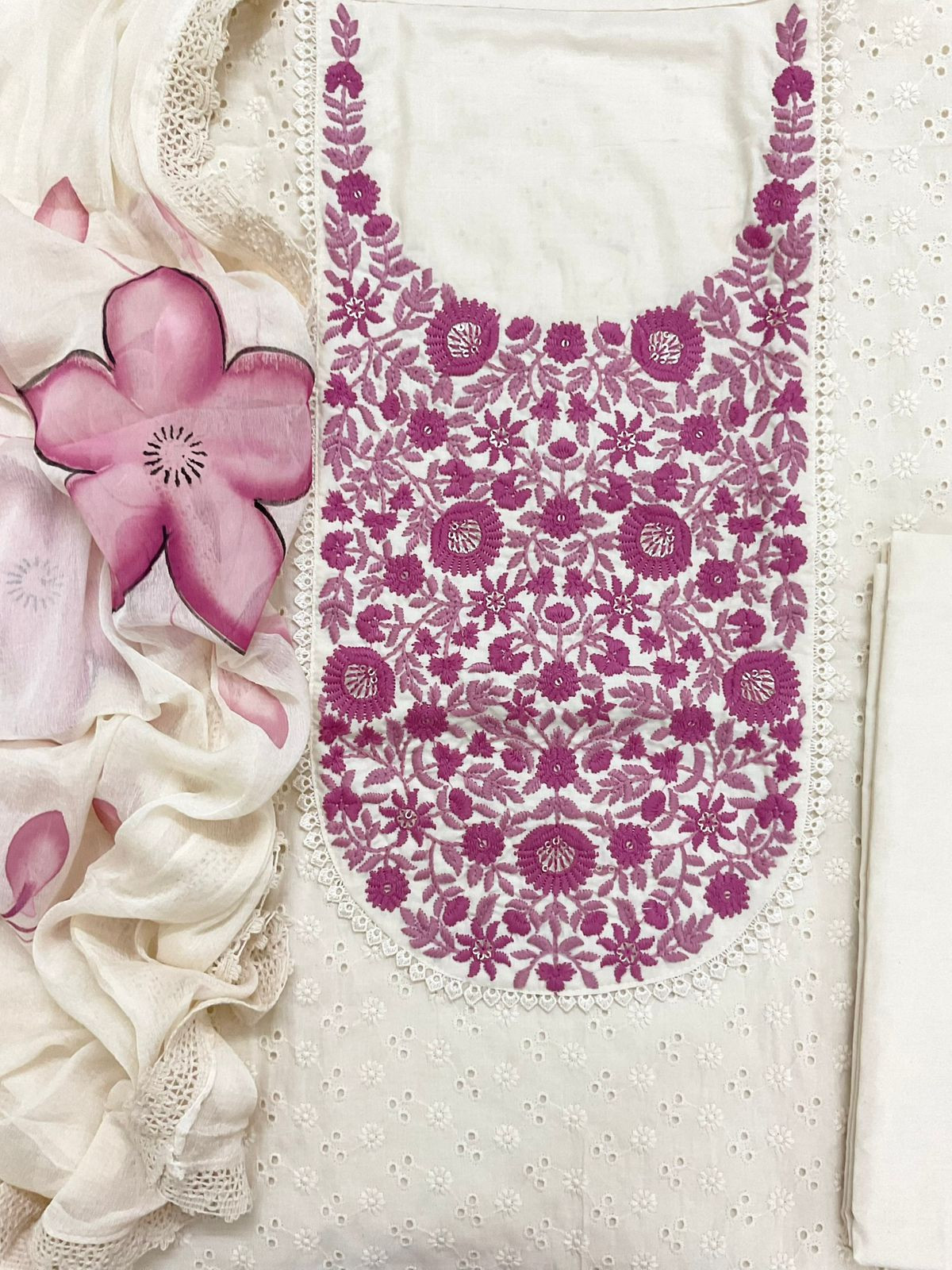 Pure Cotton Brush Painted Embroidered Suit - Offwhite