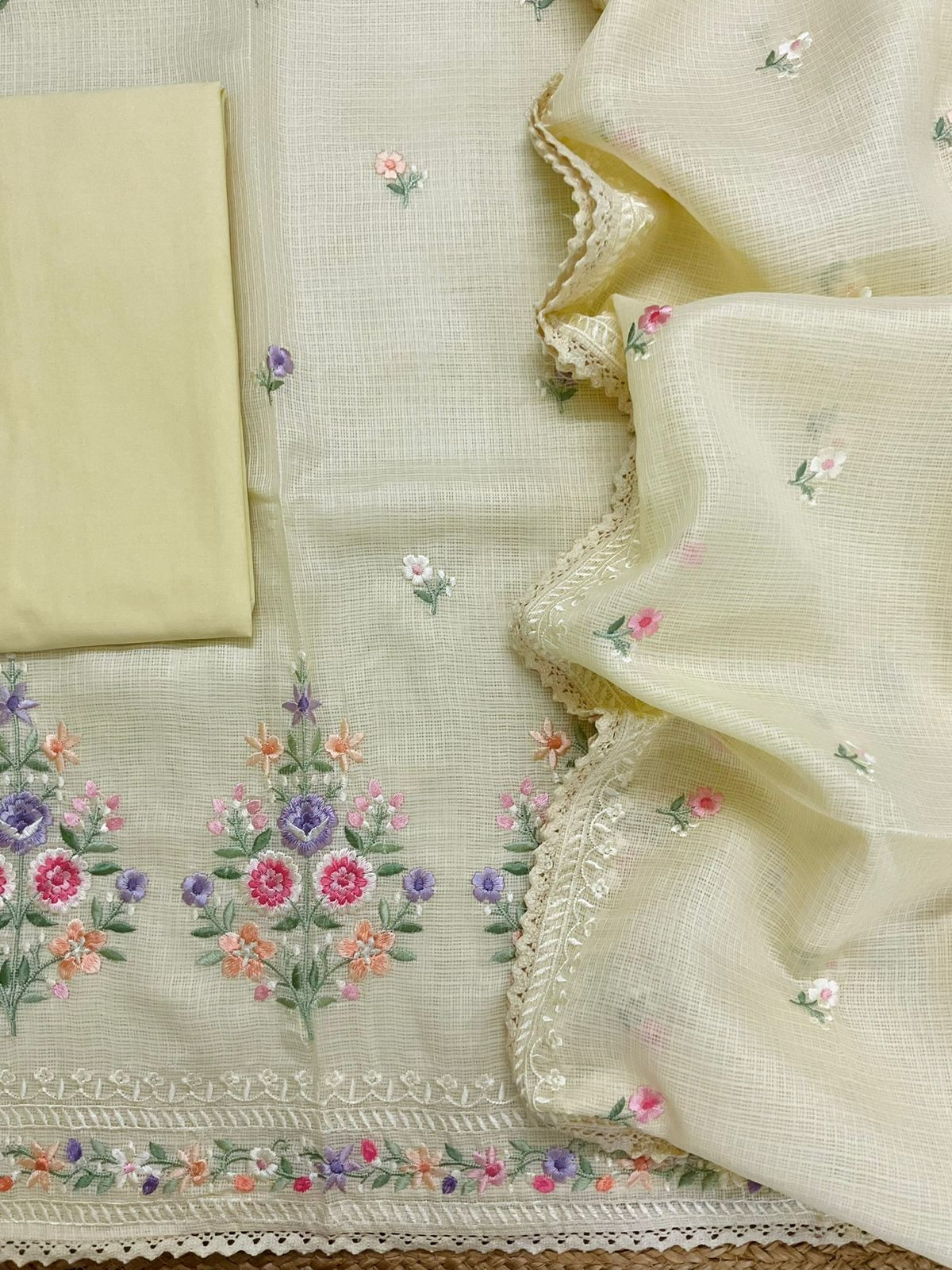 Soft Kota Silk Embroidered Suit - Yellow