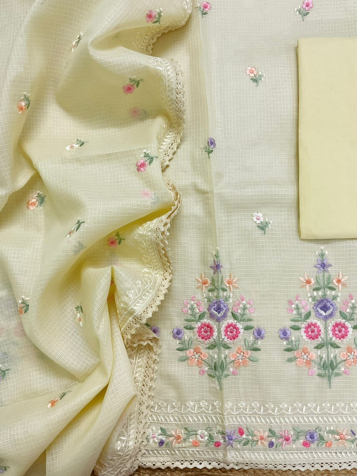 Soft Kota Silk Embroidered Suit - Yellow