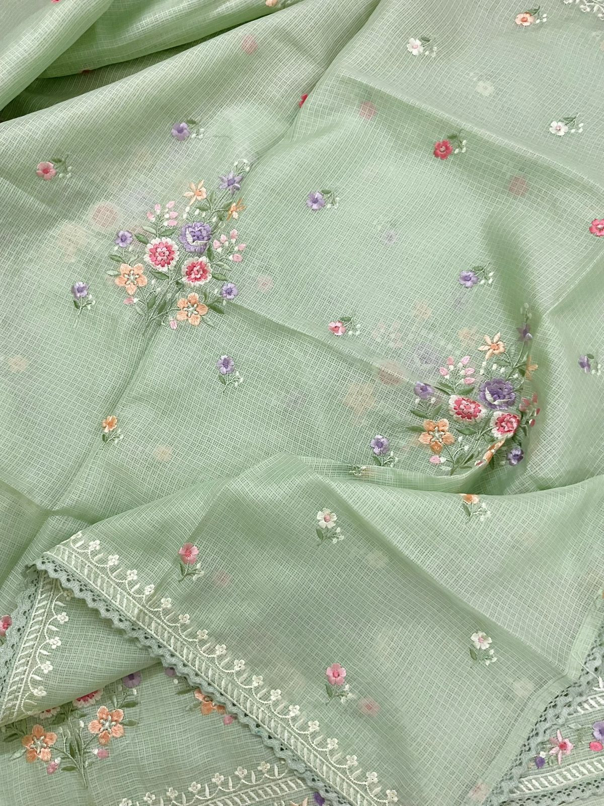 Soft Kota Silk Embroidered Suit - Green