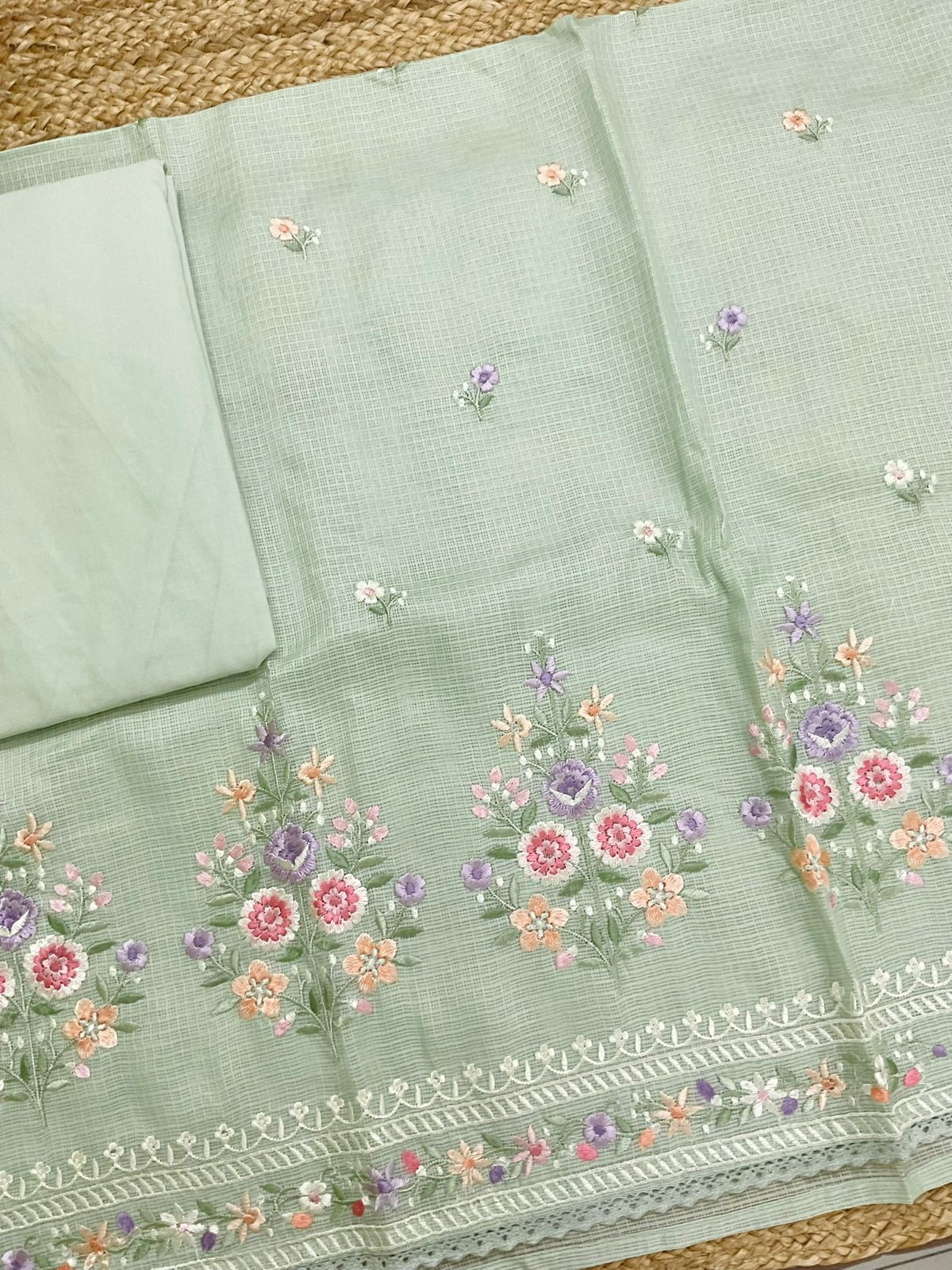 Soft Kota Silk Embroidered Suit - Green