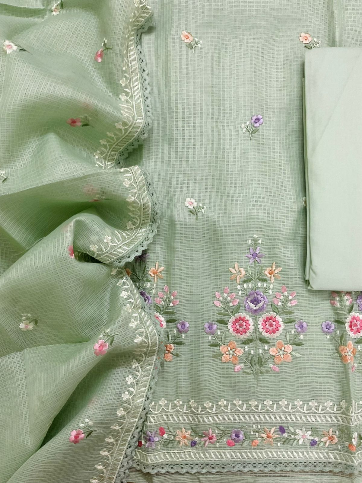 Soft Kota Silk Embroidered Suit - Green