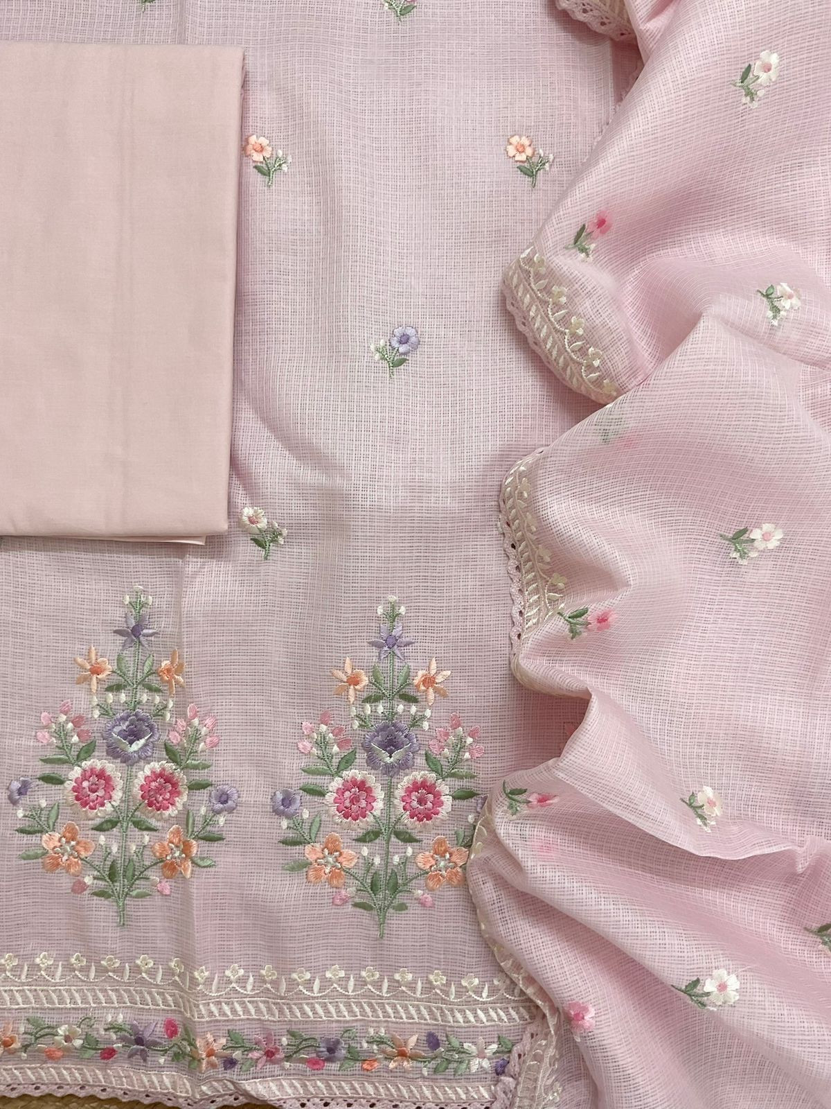 Soft Kota Silk Embroidered Suit - Pink