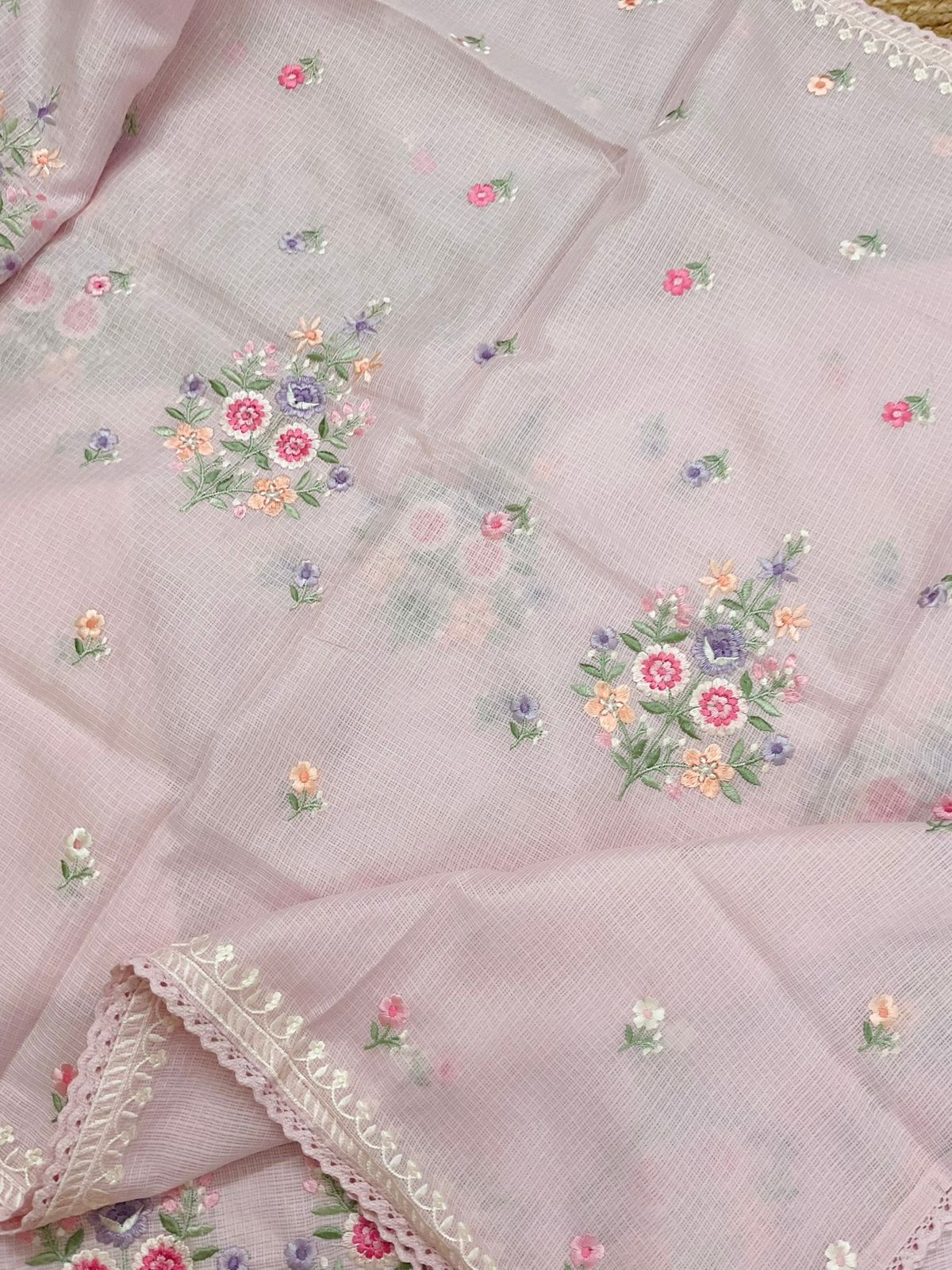 Soft Kota Silk Embroidered Suit - Pink