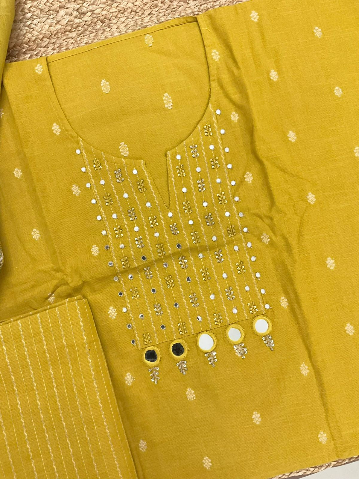 Pure Handloom Cotton Printed Self Weaved Embroidered Suit - Yellow