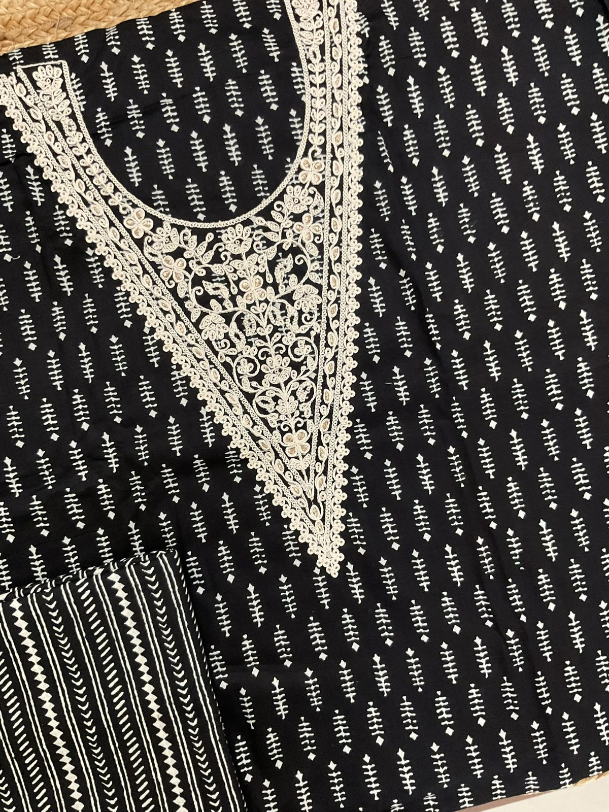 Pure Cotton Printed Embroidered Suit - Black