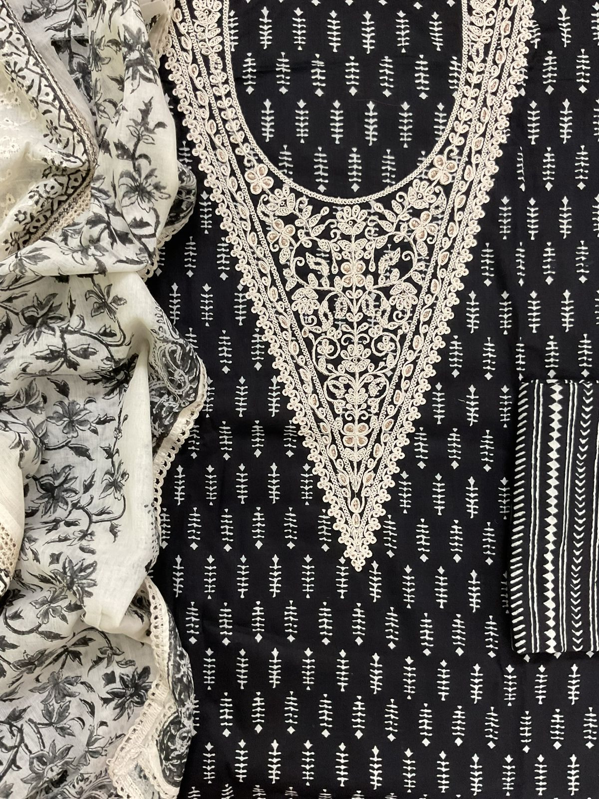 Pure Cotton Printed Embroidered Suit - Black