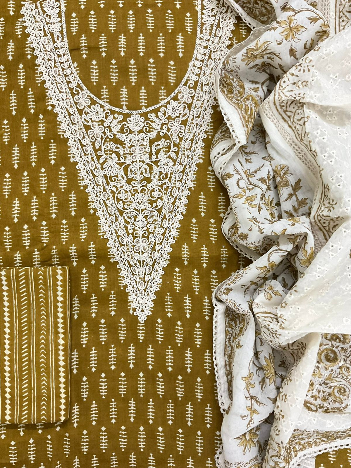 Pure Cotton Printed Embroidered Suit - Dark Mustard