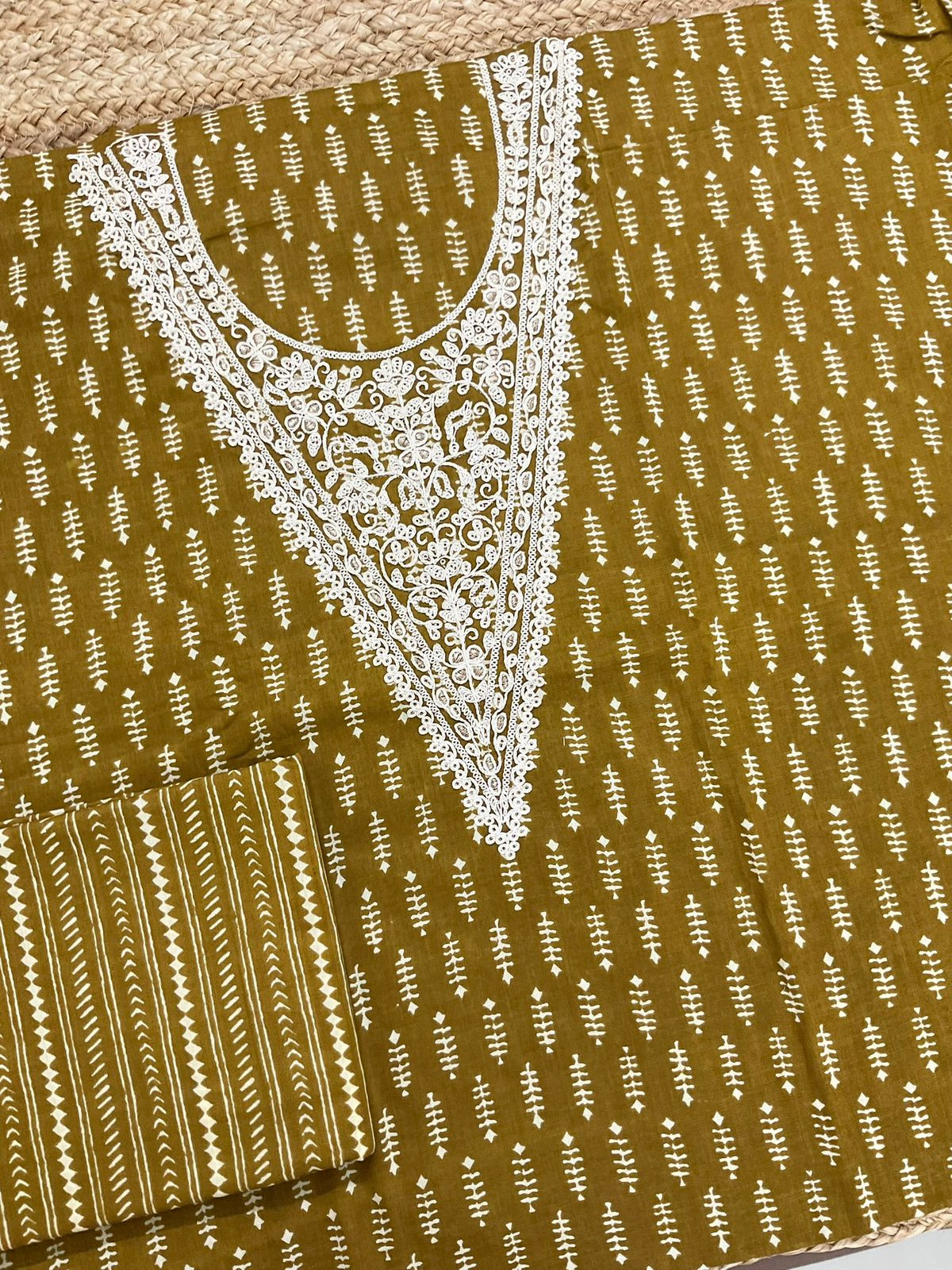 Pure Cotton Printed Embroidered Suit - Dark Mustard