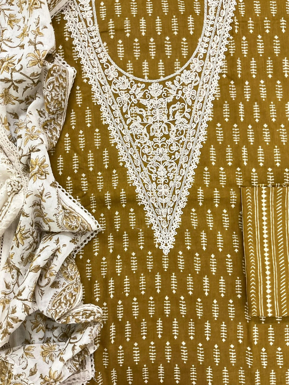 Pure Cotton Printed Embroidered Suit - Dark Mustard