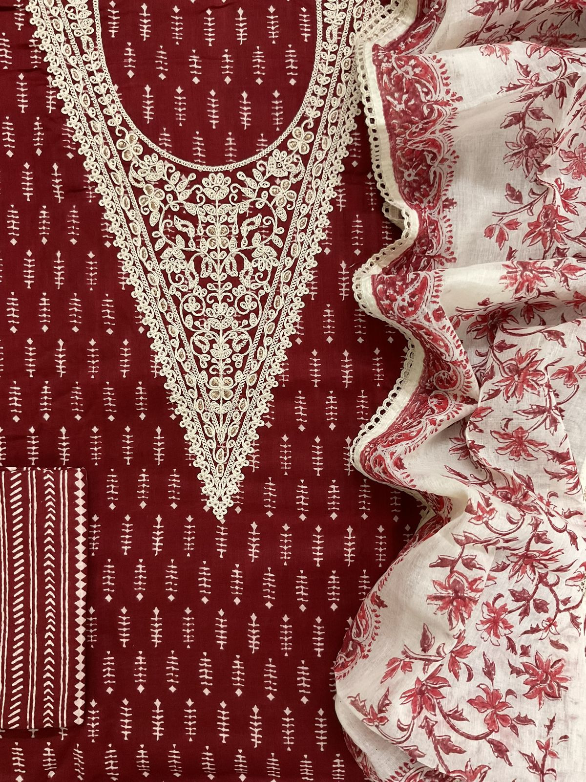 Pure Cotton Printed Embroidered Suit - Maroon